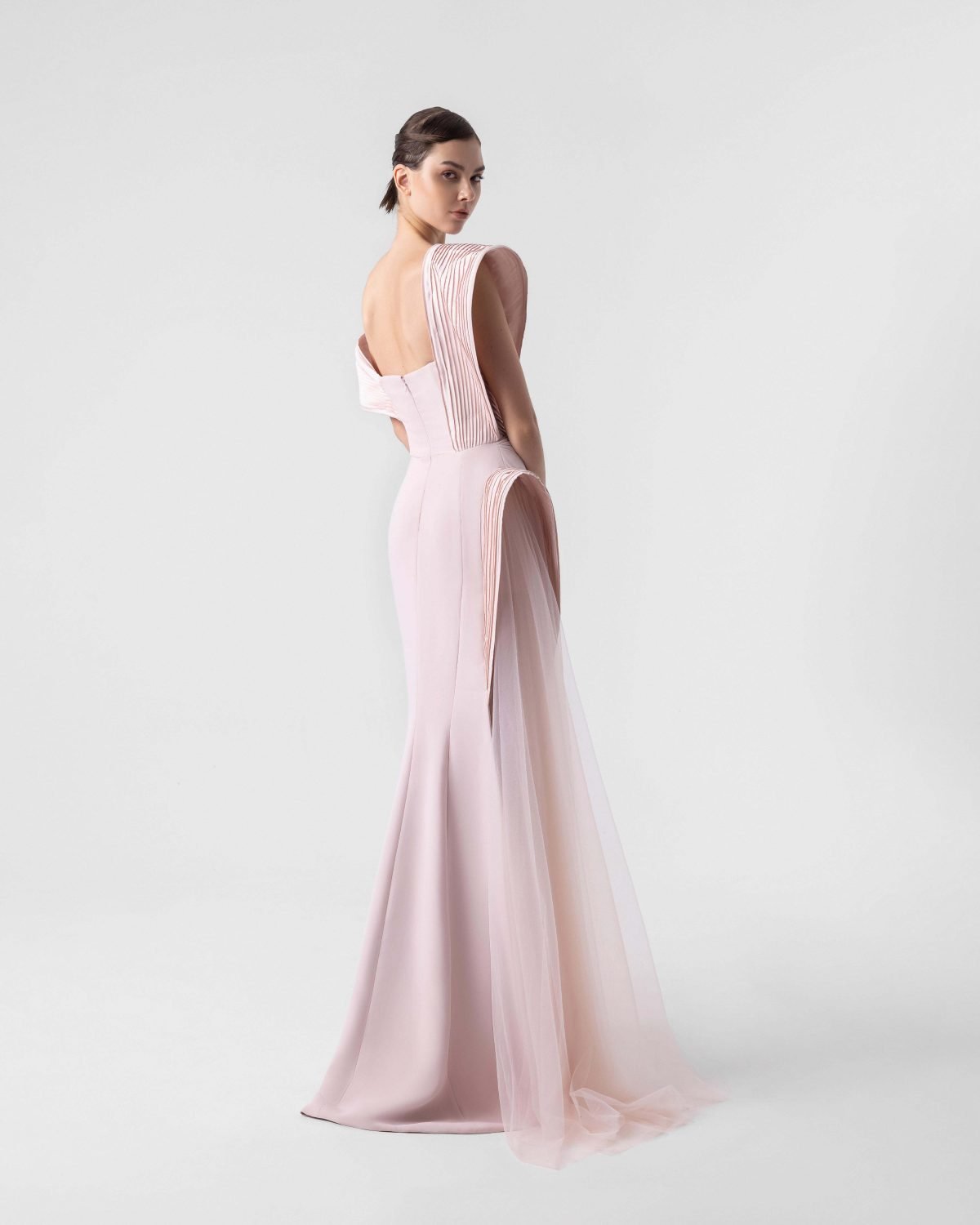 Elegant Asymmetrical Pleats Pink Gown