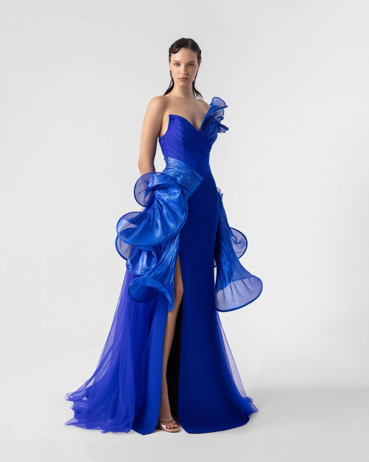 Angled Bust Gown With Vivid Pleats
