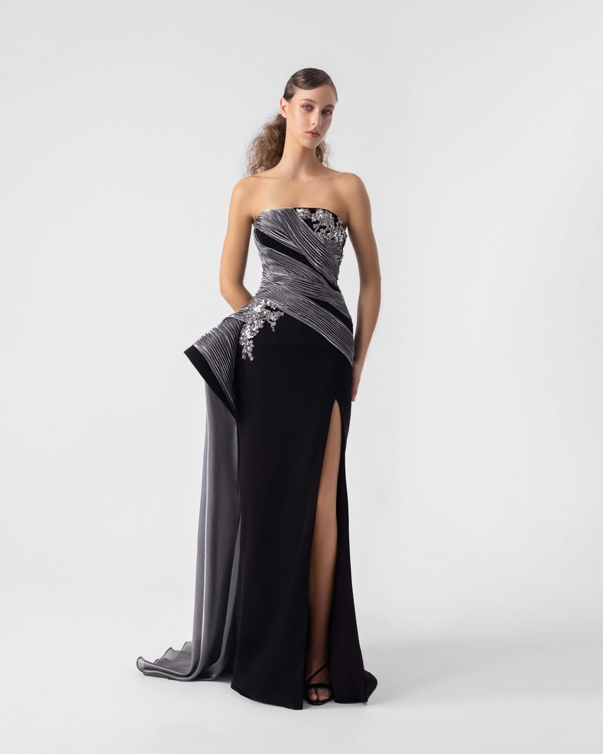 Prestigious Silver Ribbed Black Gown with Embellished detailing