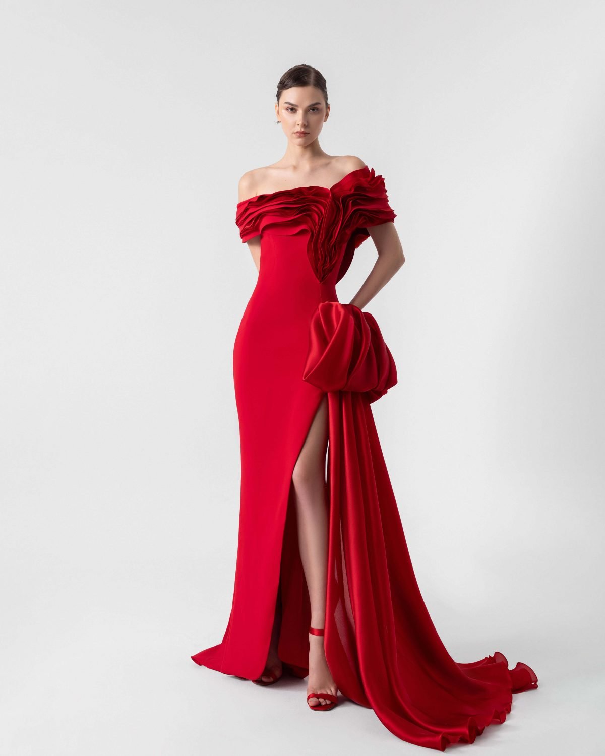 Scarlet Red Off-The-Shoulder Gown with Organza and Crepe Inserts