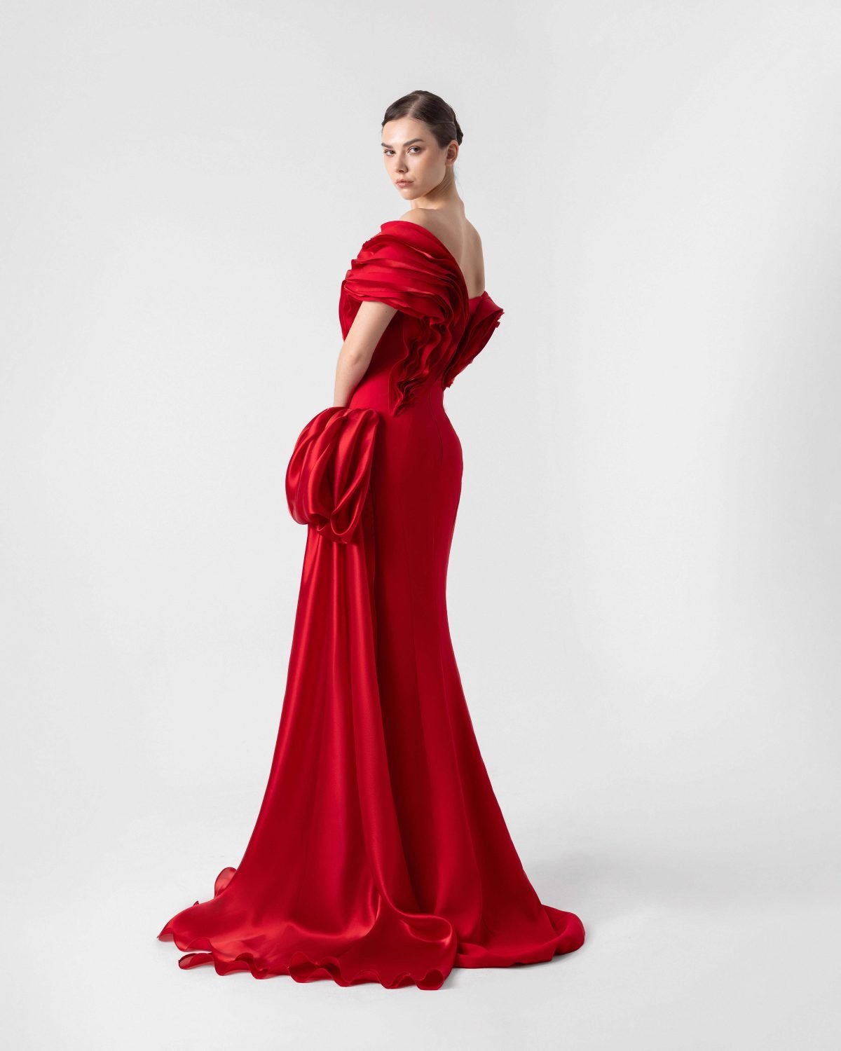 Scarlet Red Off-The-Shoulder Gown with Organza and Crepe Inserts
