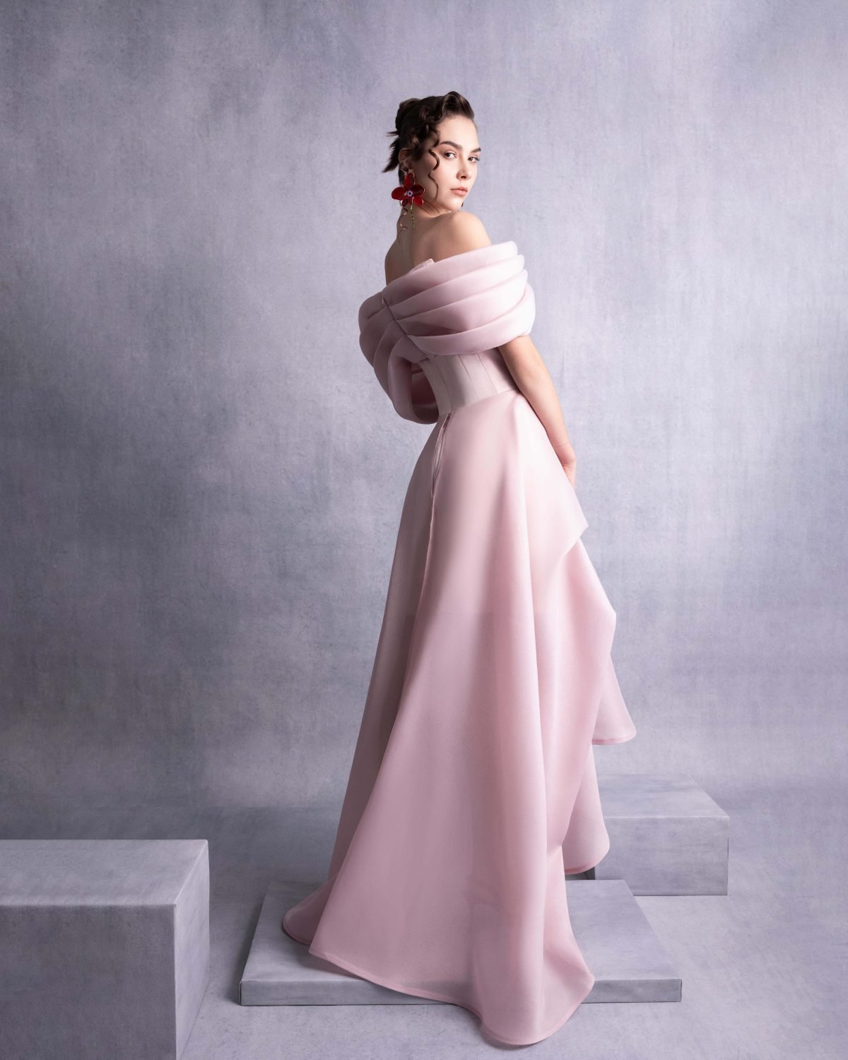 Elegant Layered Off-Shoulder Pink Organza Dress