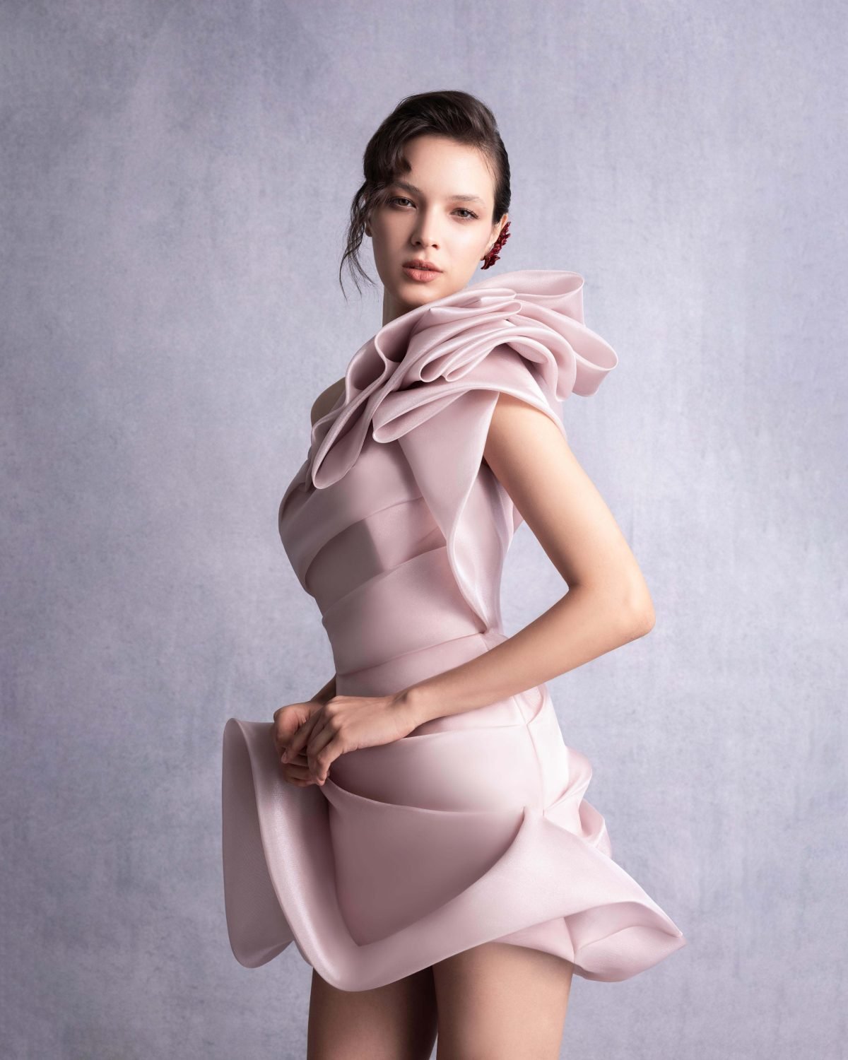 Sculptural Pink Organza Mini Dress with Dramatic Ruffle Folds Shoulder