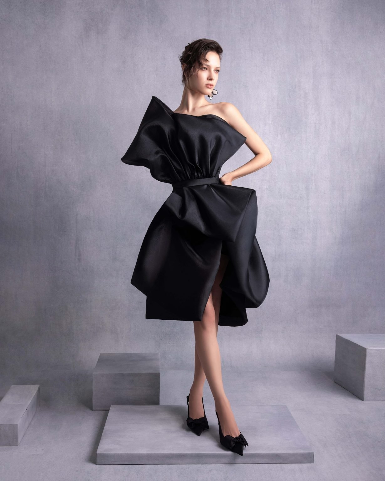 Cinched Waist Black Organza Cocktail Dress