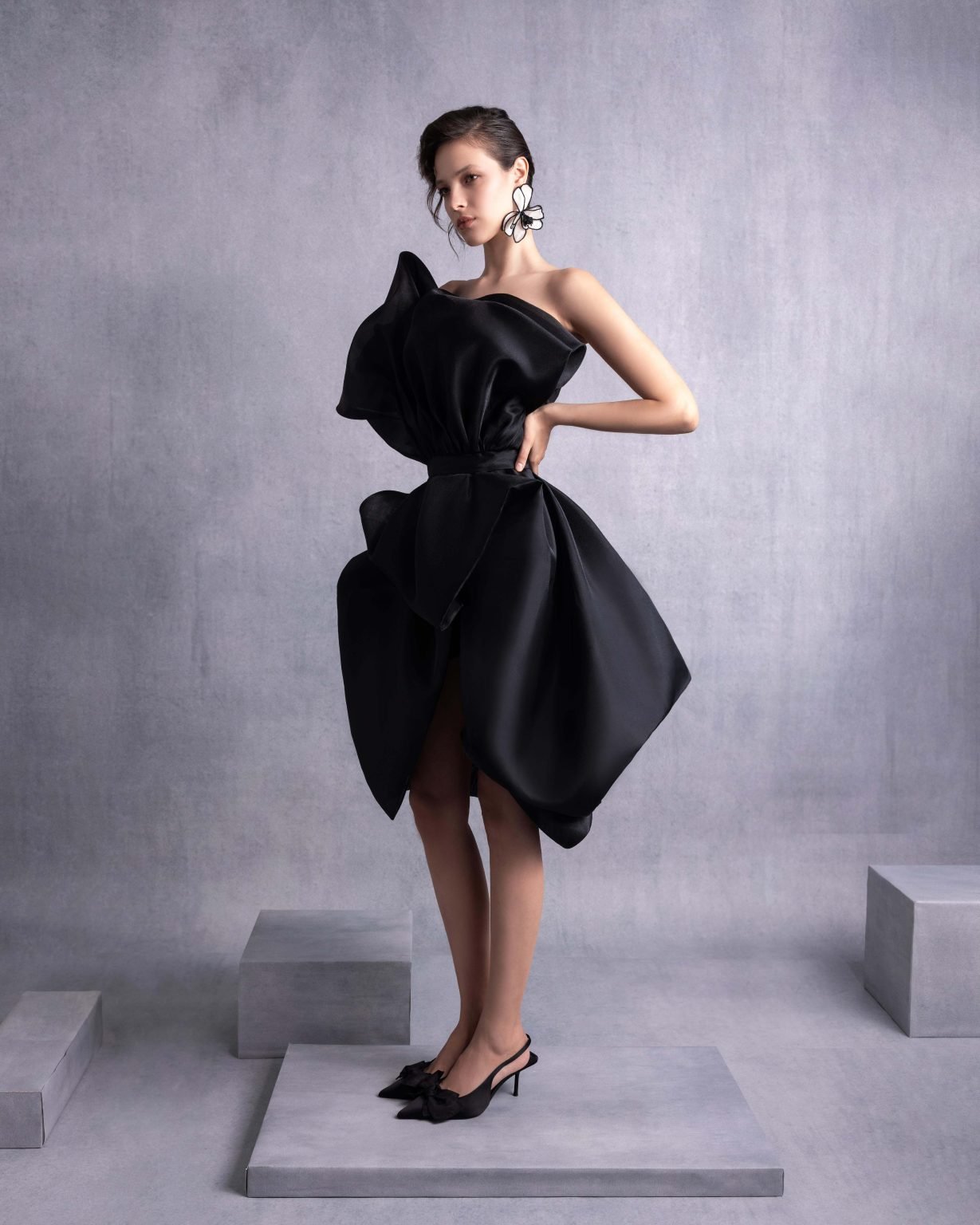 Cinched Waist Black Organza Cocktail Dress