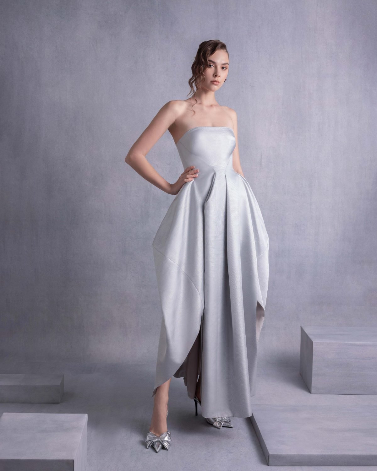 Elegant Silver Mikado Piqué Strapless Dress