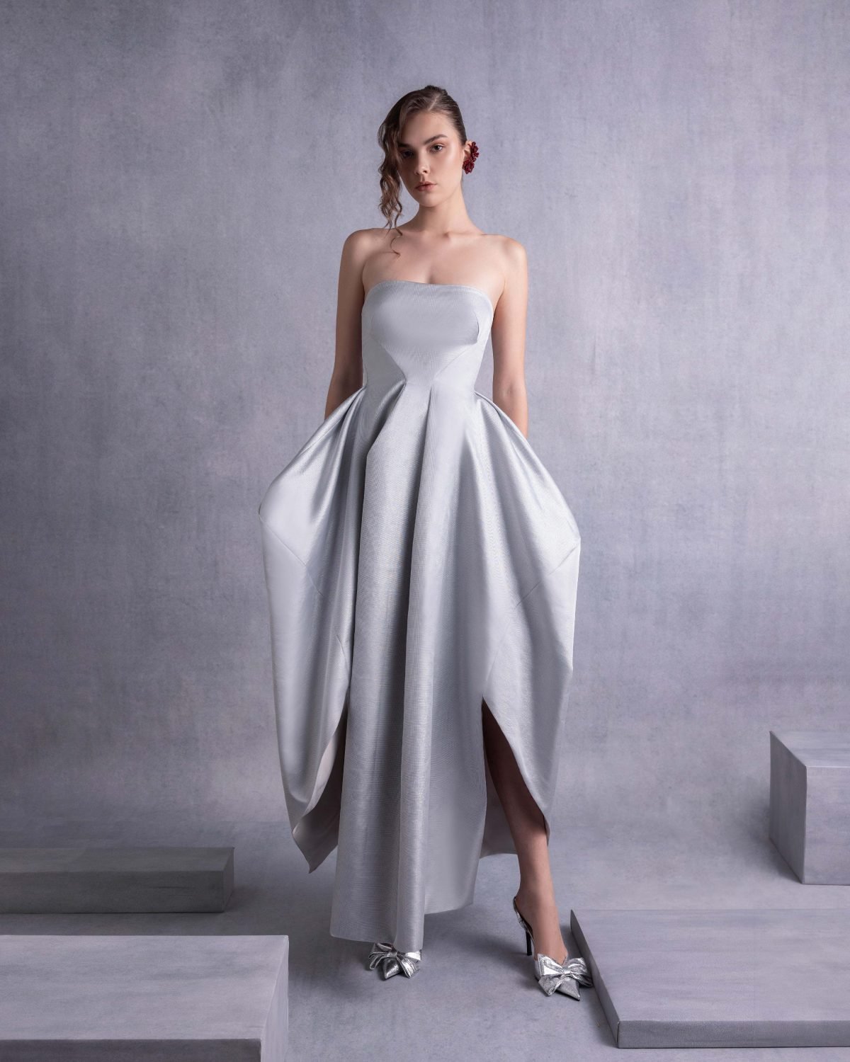Elegant Silver Mikado Piqué Strapless Dress