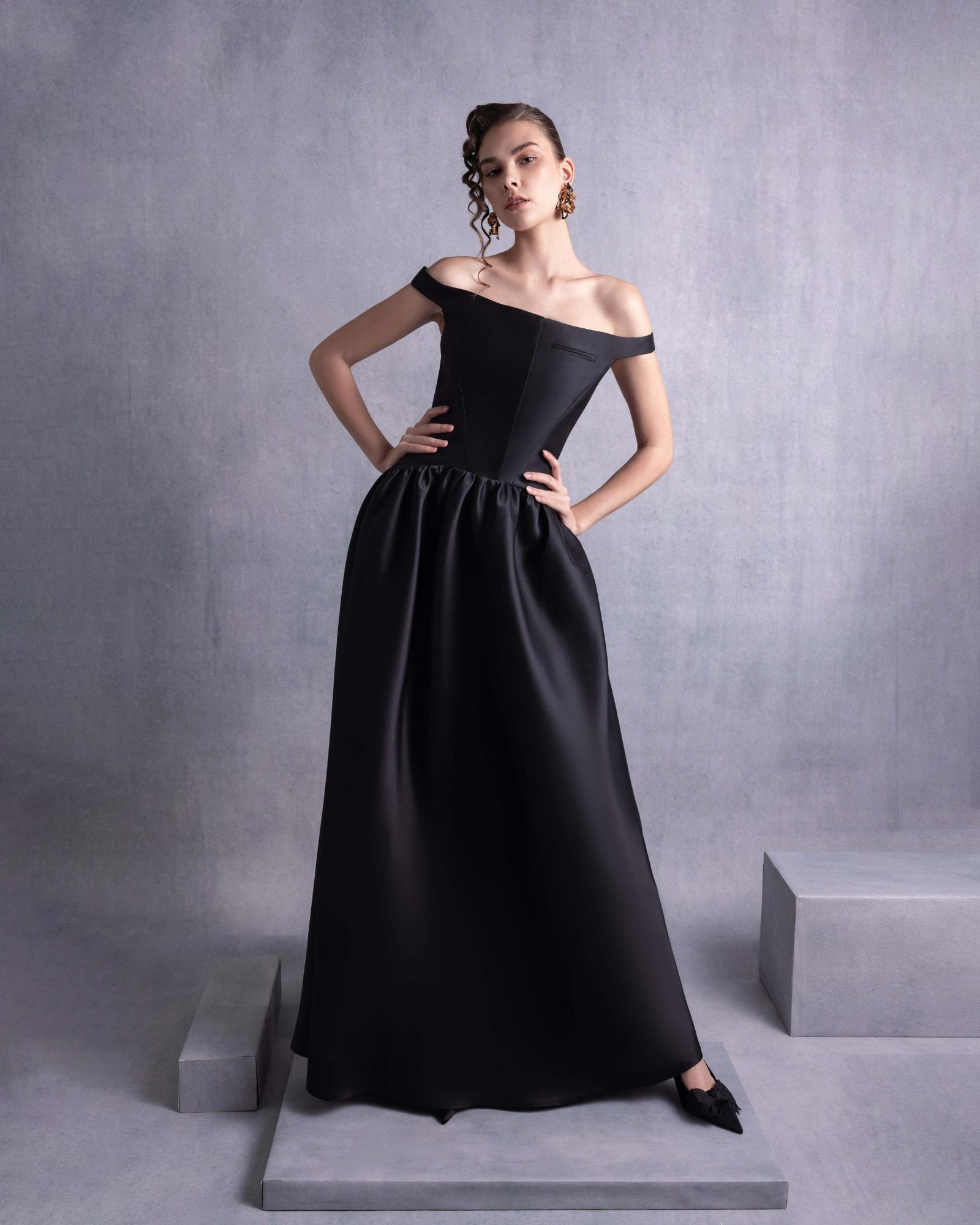 Elegant Thin Off-Shoulder Black Mikado Piqué Dress
