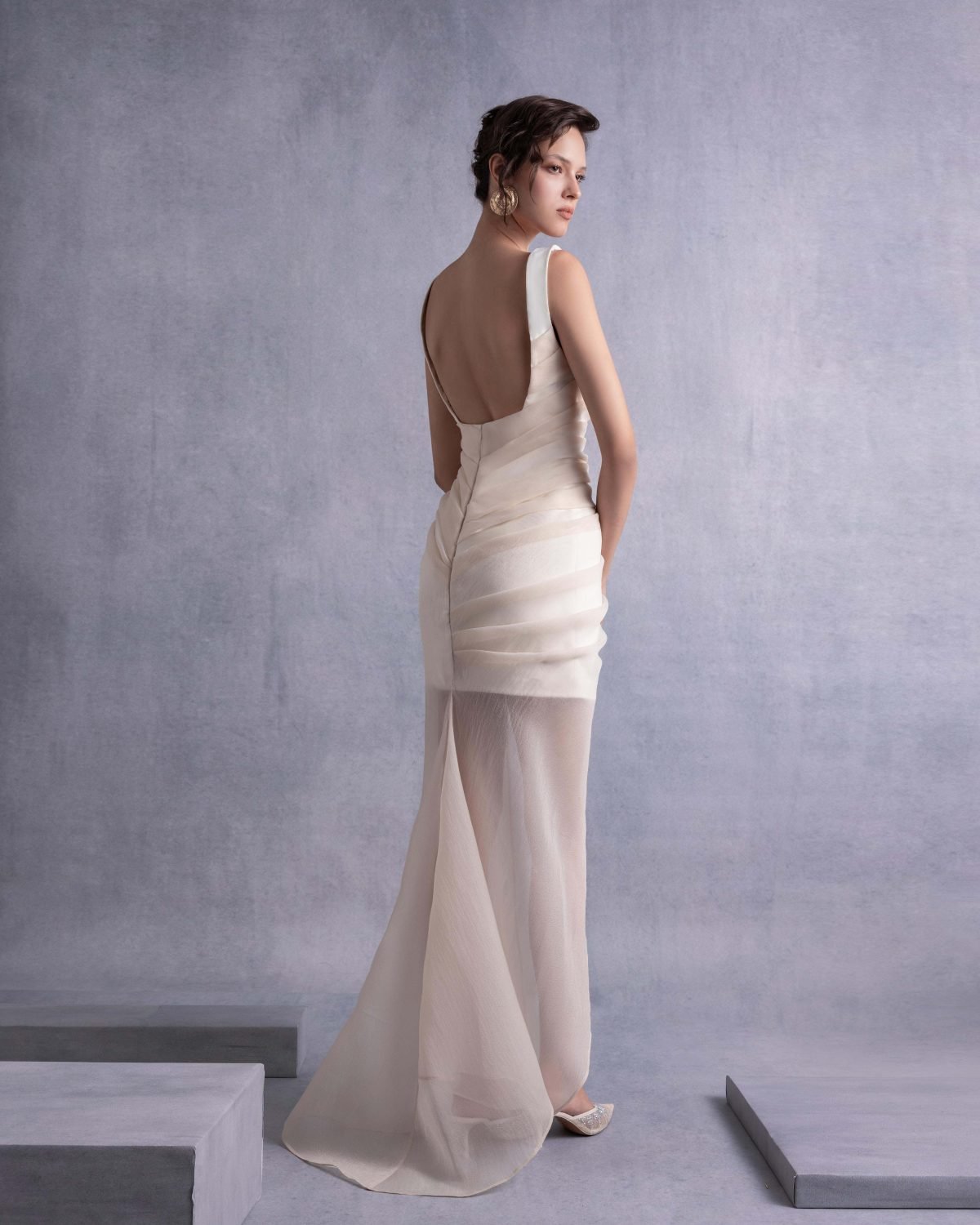 Off-White Crepe Dress with Nude Organza Overlay