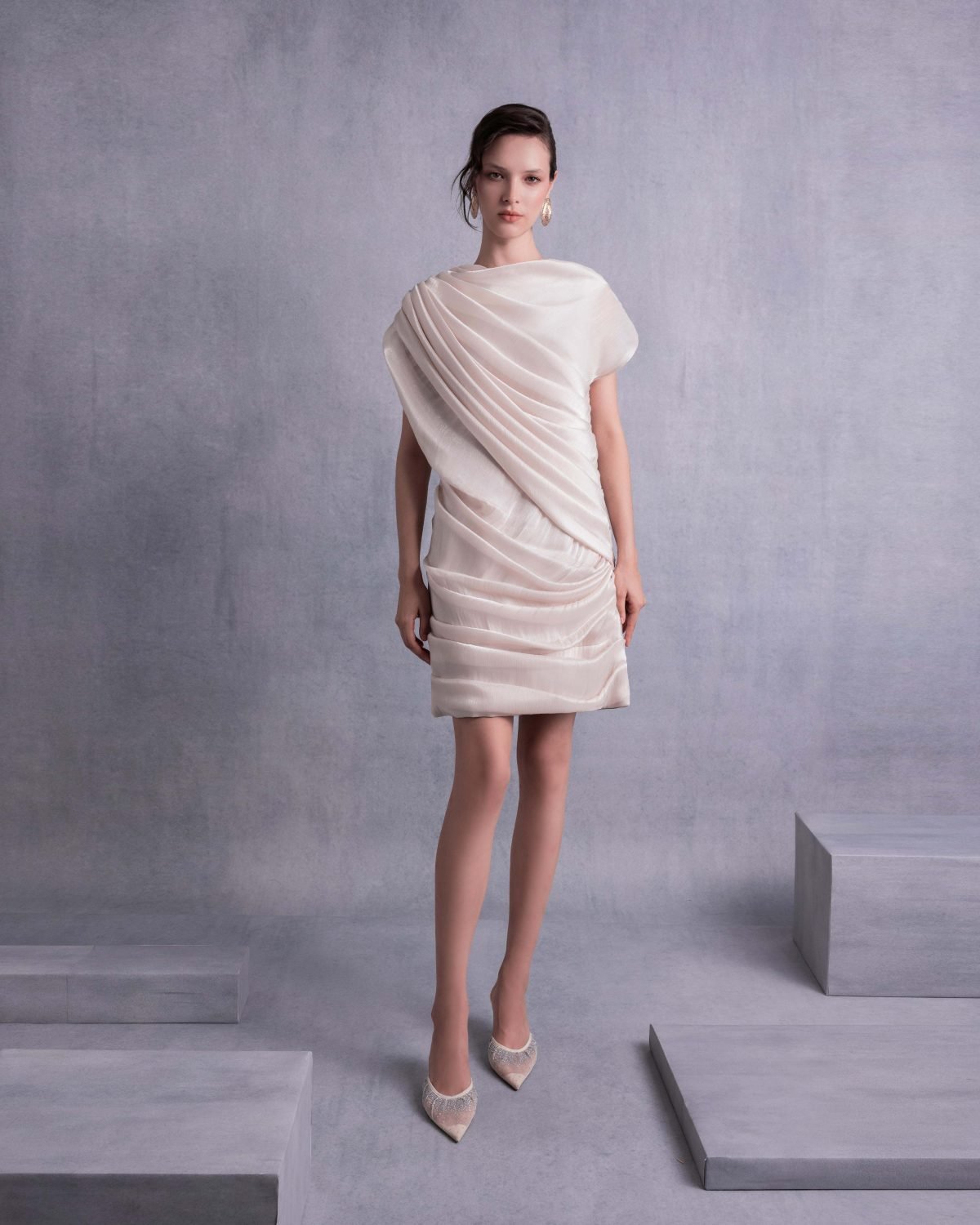 Draped Open Back Lamé Georgette Dress