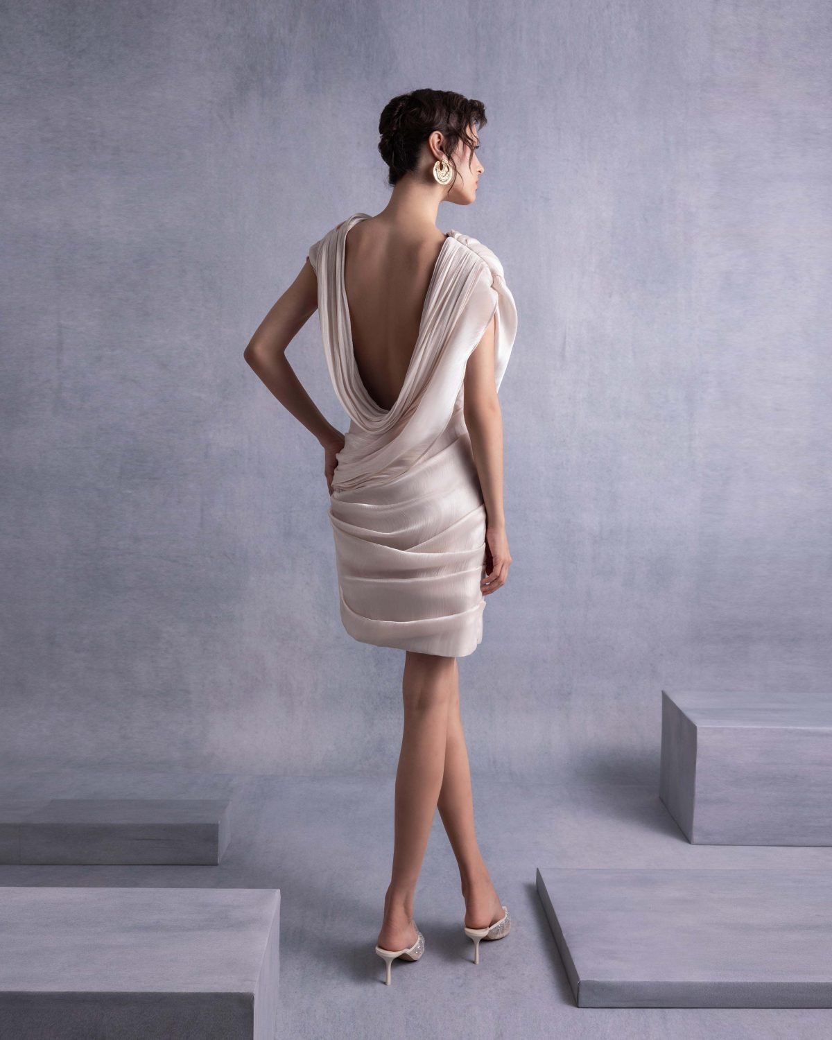 Draped Open Back Lamé Georgette Dress
