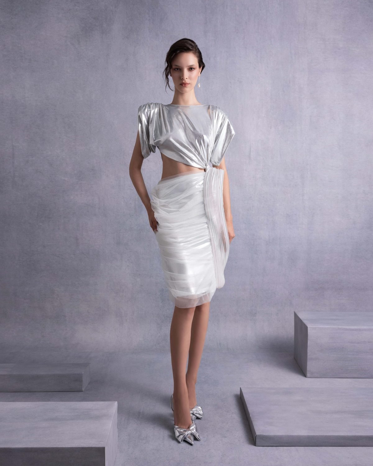 Cutout Side Knot Silver Lamé Lycra Dress