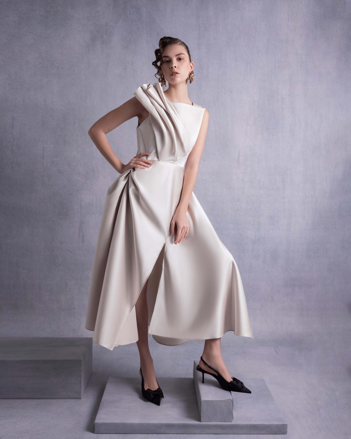 Gold Razmir Dress with Draped Shoulder and High Slit