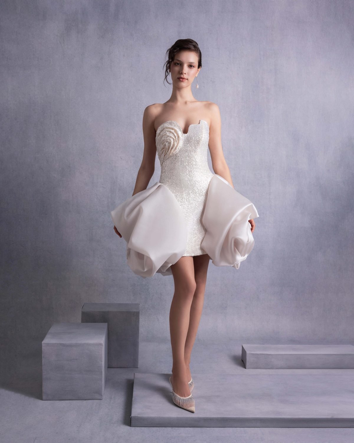 Sparkling Sequins Mini Dress with Puffy Organza Skirt Overlay