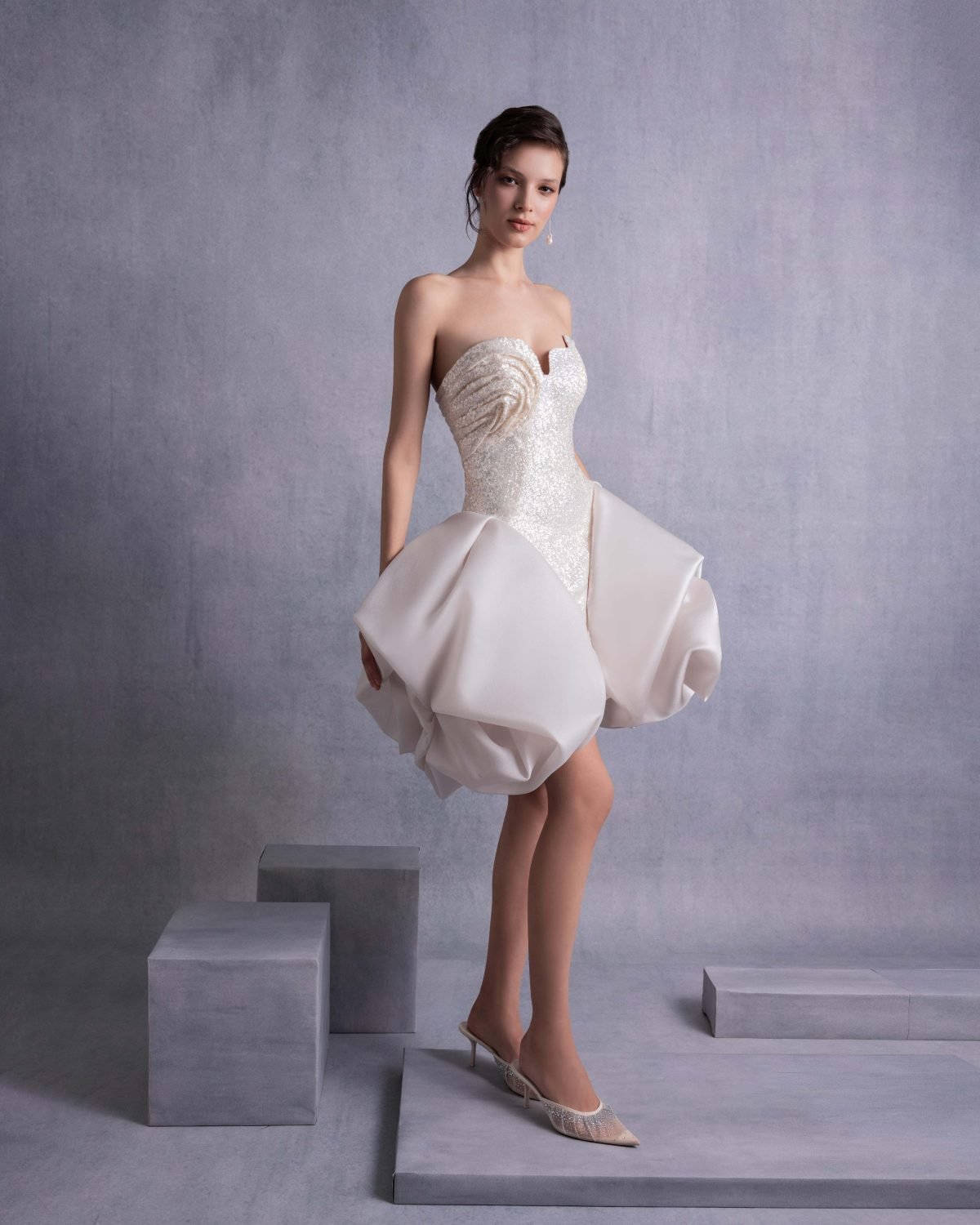 Sparkling Sequins Mini Dress with Puffy Organza Skirt Overlay