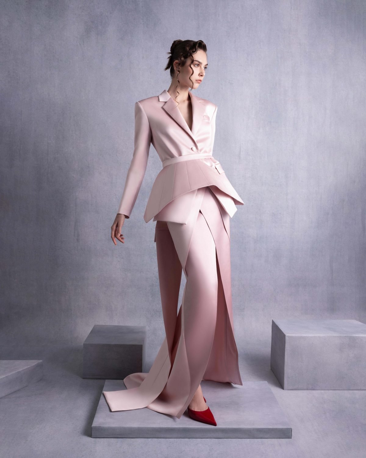 Pink Razmir Jacket with Train and Structured Peplum Belt