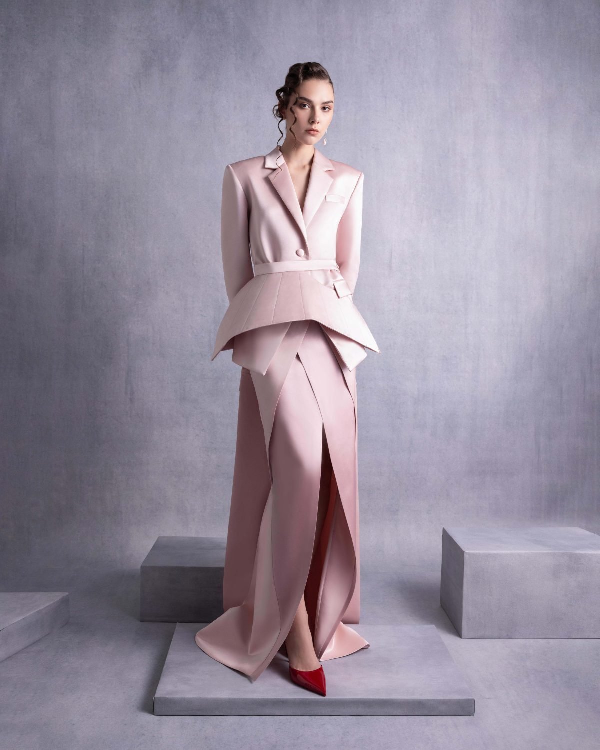 Pink Razmir Jacket with Train and Structured Peplum Belt