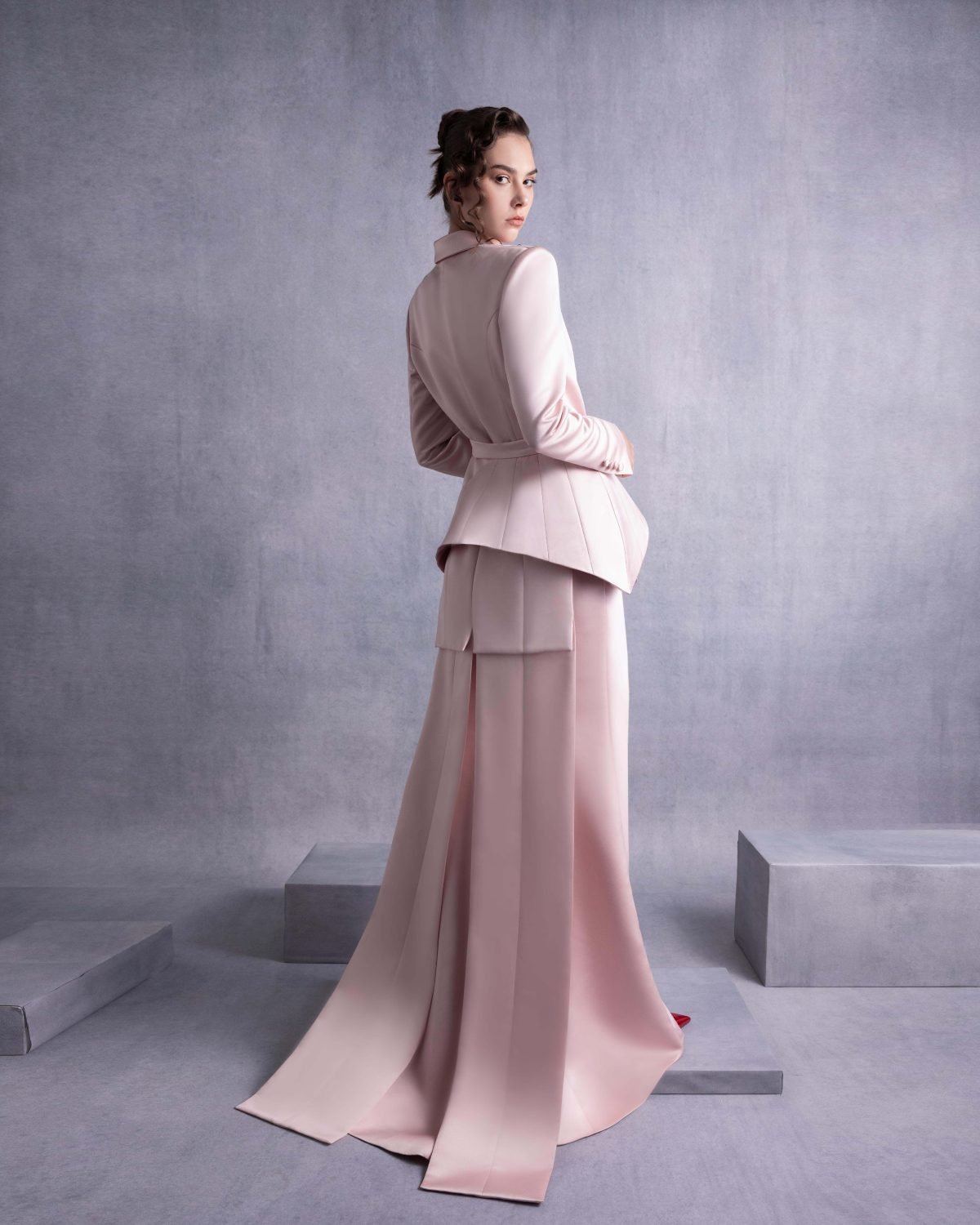 Pink Razmir Jacket with Train and Structured Peplum Belt