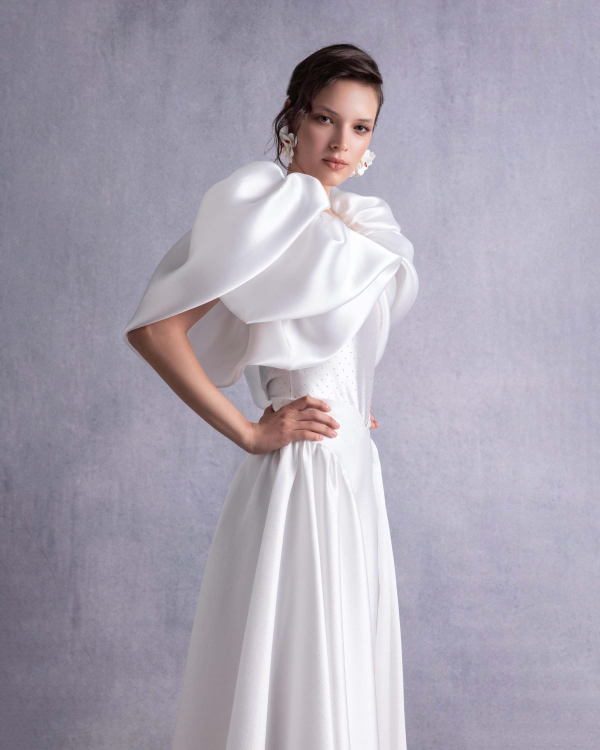Crystal-Dotted Jersey Body with Petal-like Organza Shoulders