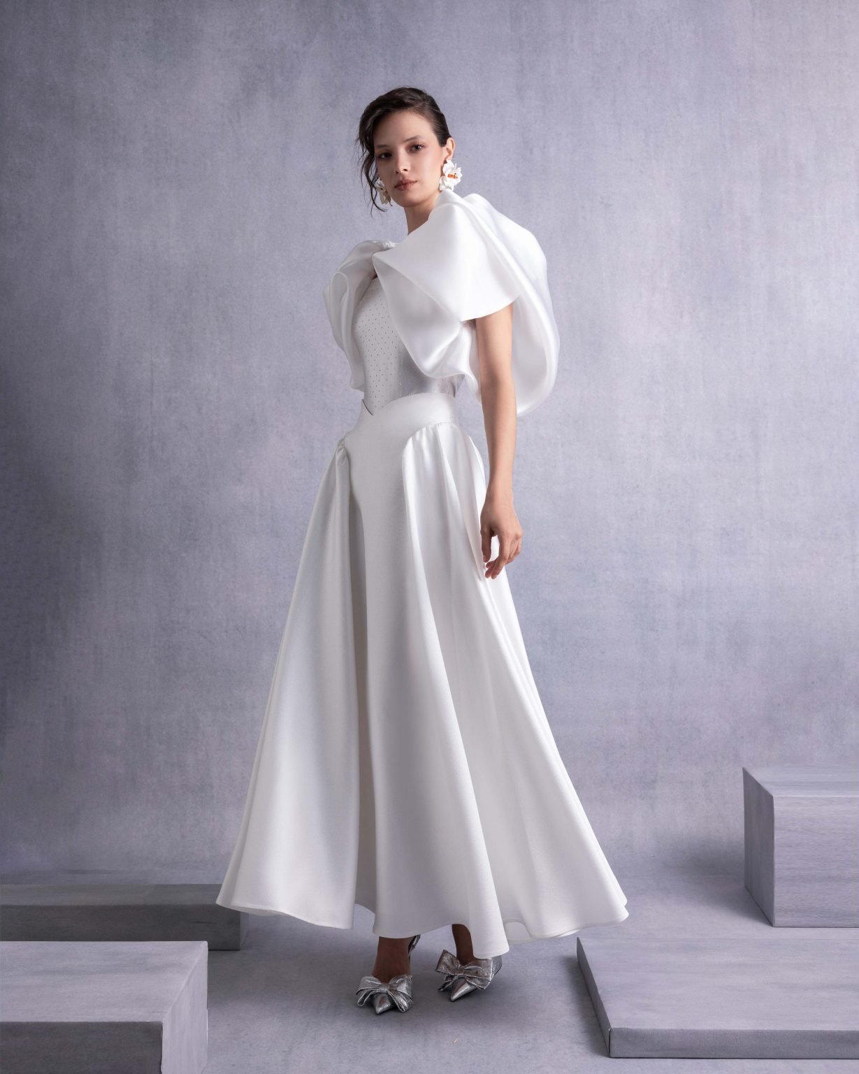 Crystal-Dotted Jersey Body with Petal-like Organza Shoulders