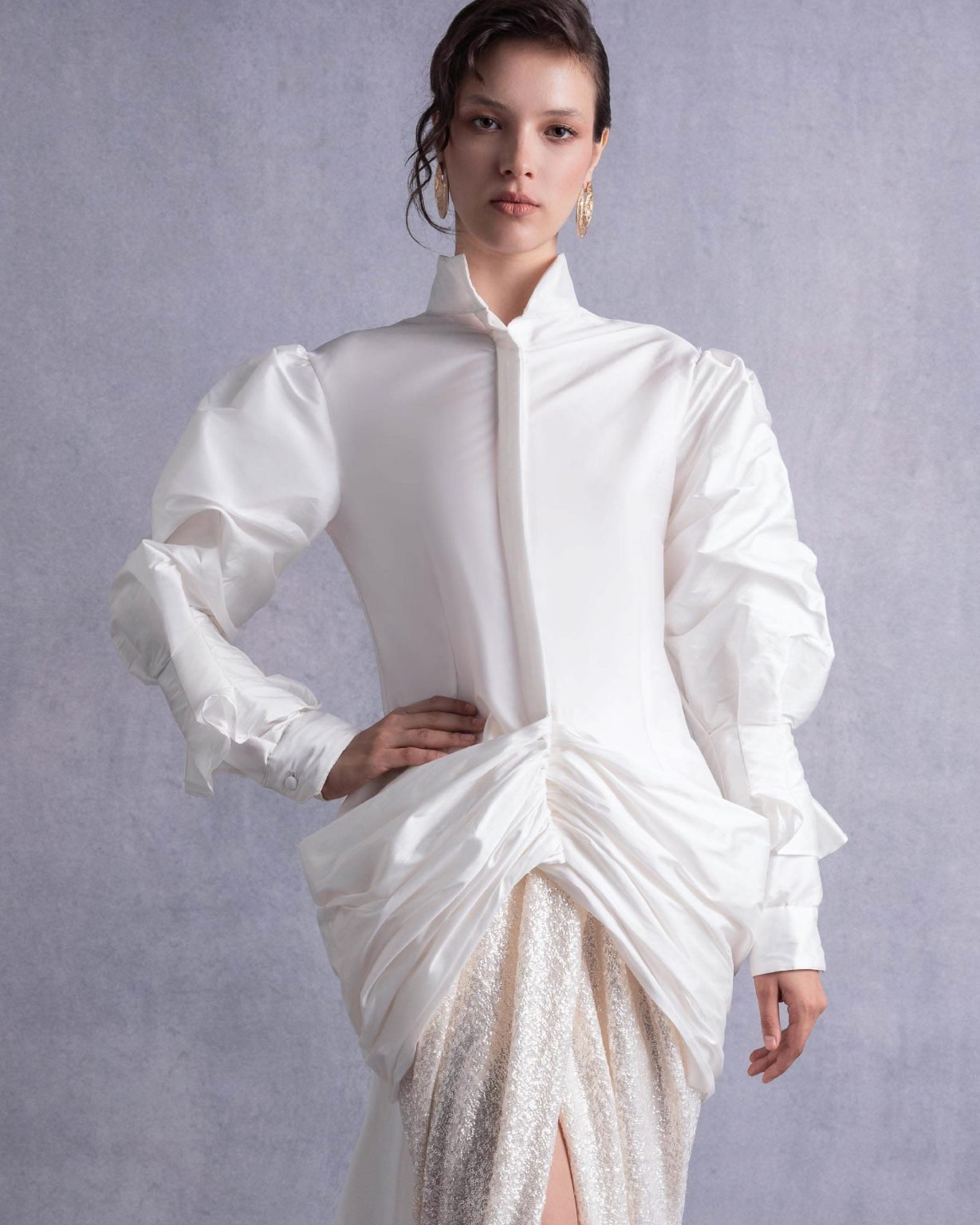 Open-Back Sweeping Train Taffeta Blouse