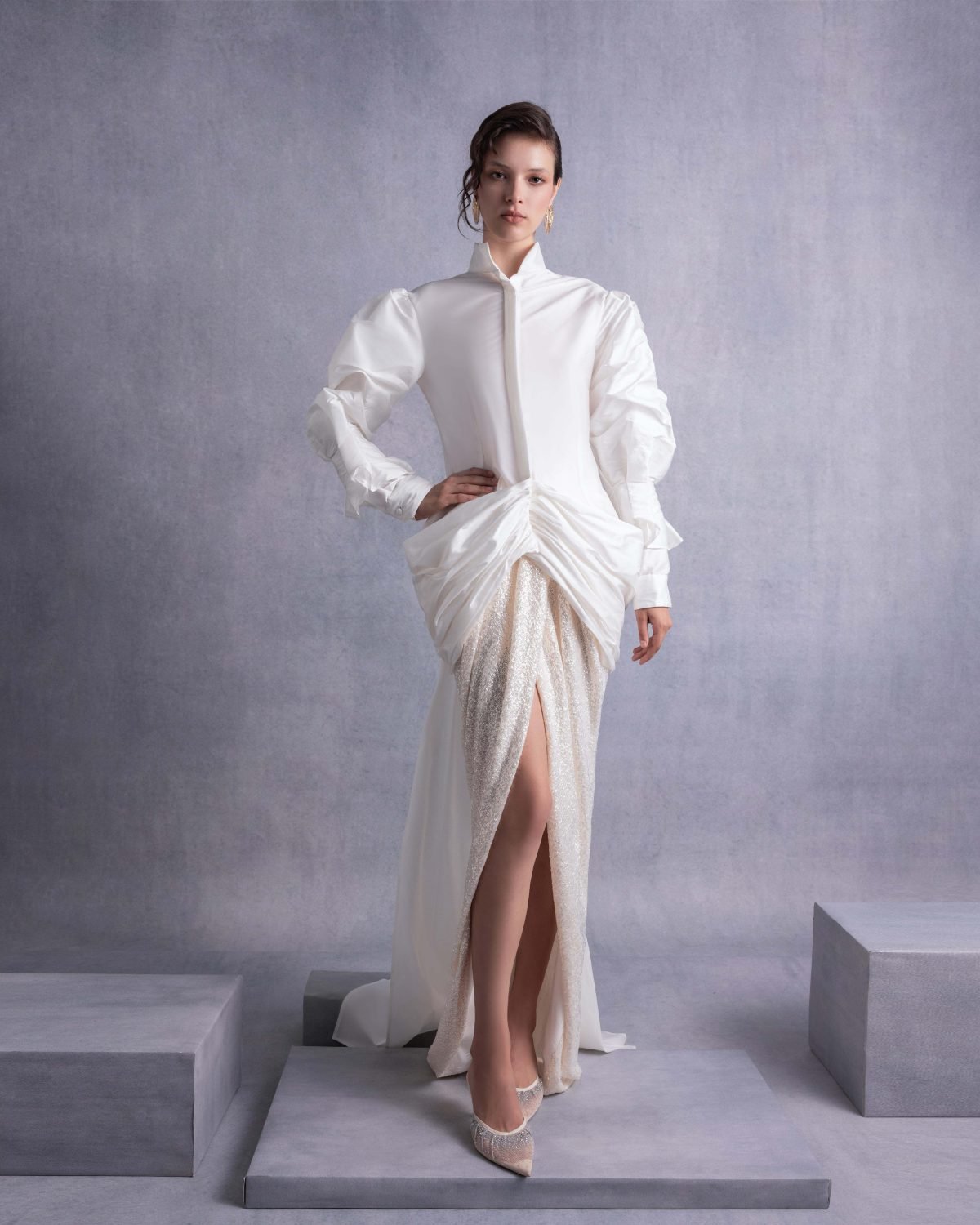 Open-Back Sweeping Train Taffeta Blouse