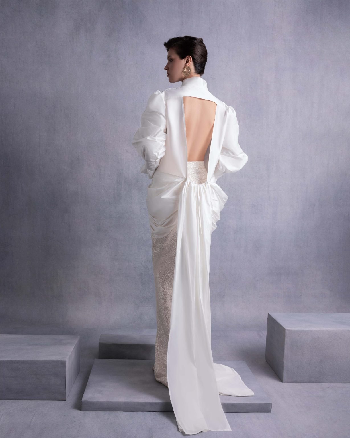 Open-Back Sweeping Train Taffeta Blouse