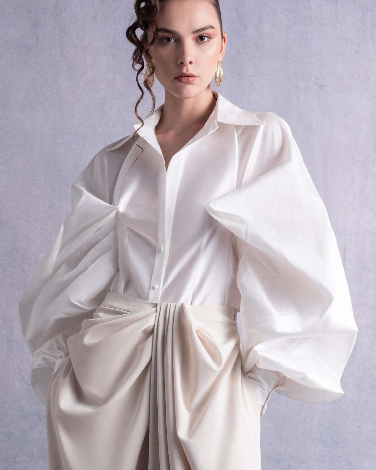 Cinched Waist Puff Sleeves Blouse