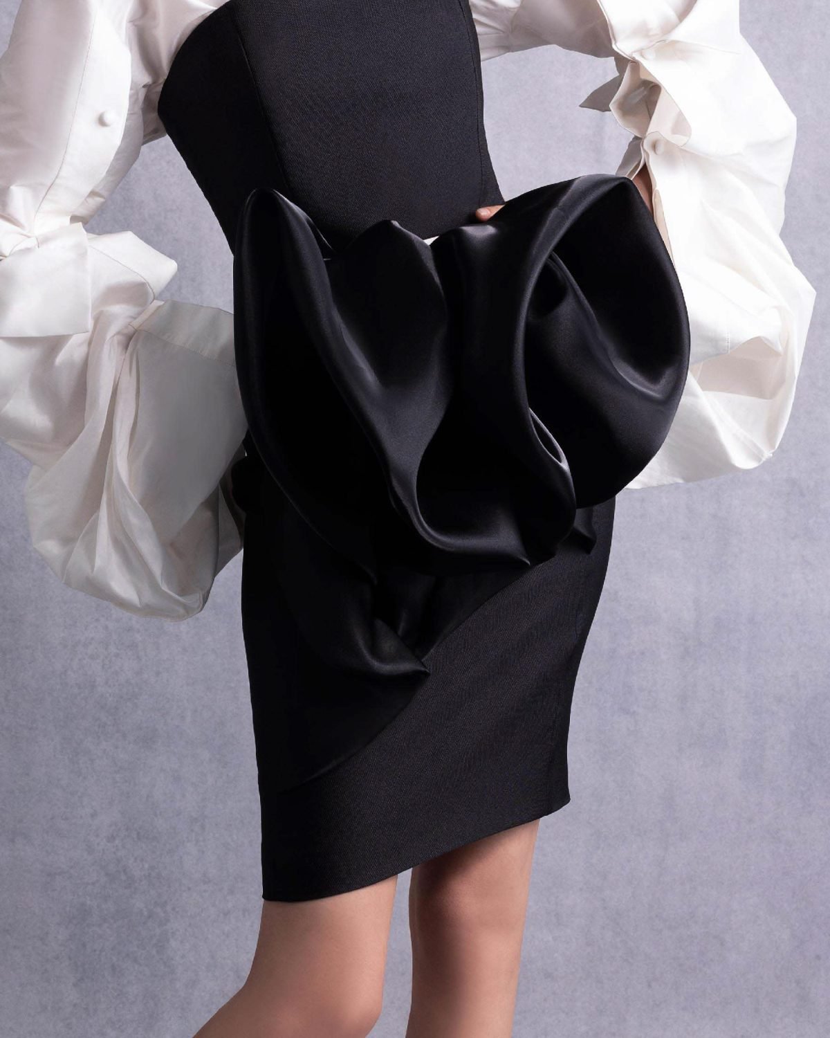 Elegant Black Piqué Skirt with Sculptural Organza Manipulation