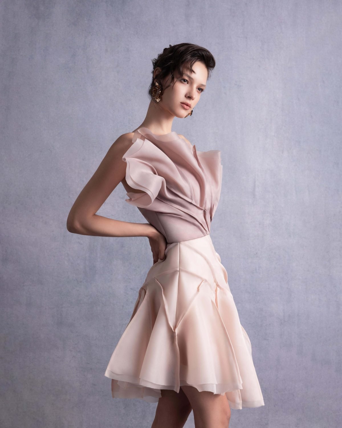 Asymmetrical Layered Nude Coffee Organza Top