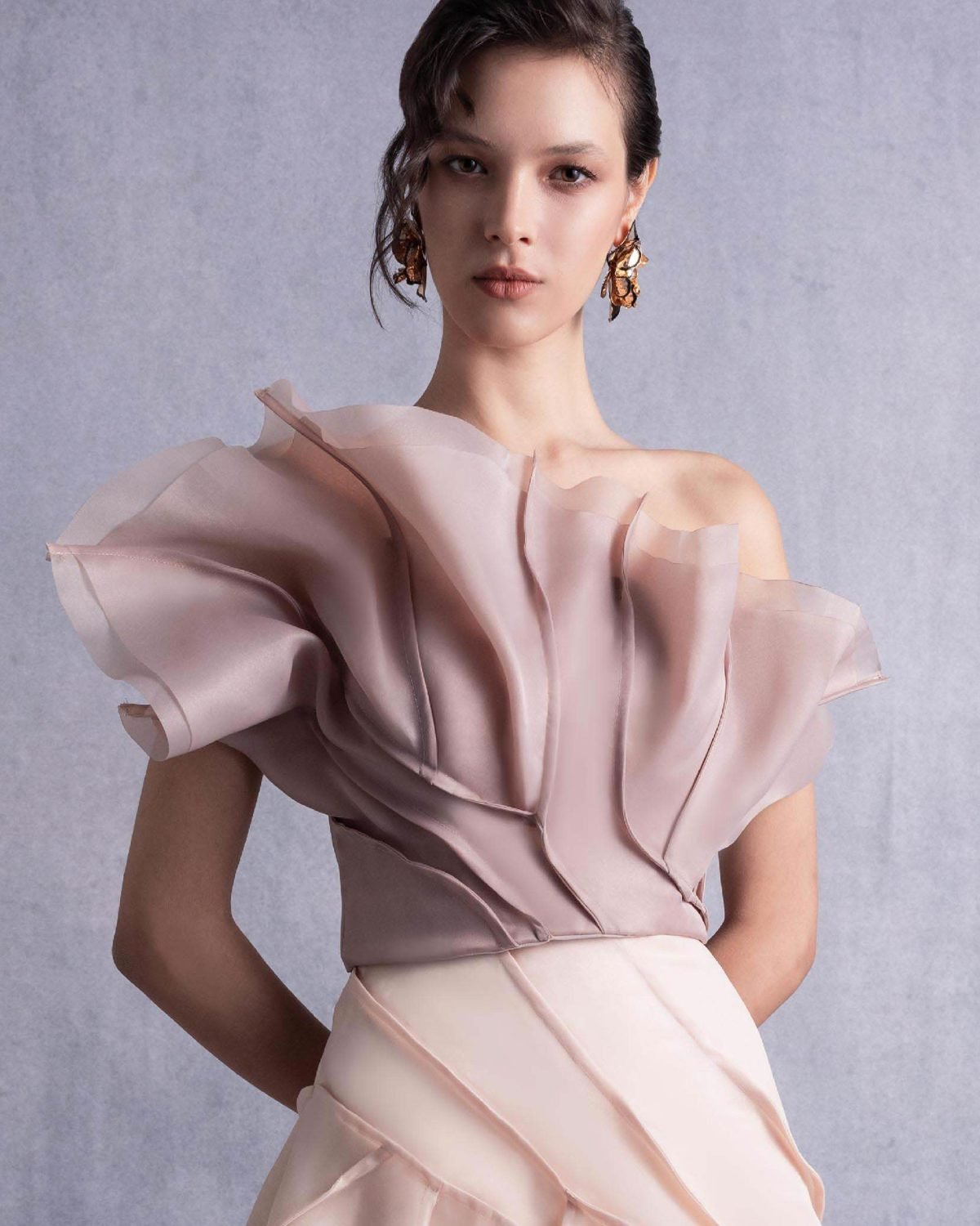 Asymmetrical Layered Nude Coffee Organza Top