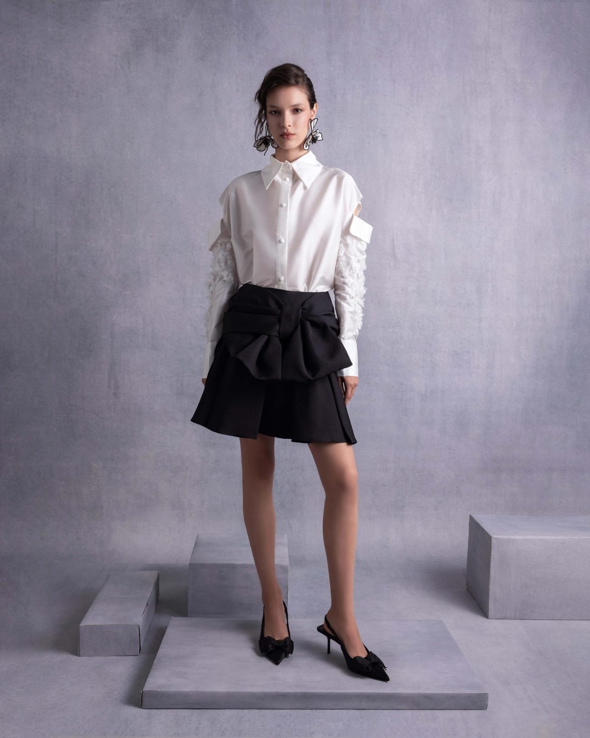 Pearly Embroidered Sleeves Off-White Taffeta Blouse
