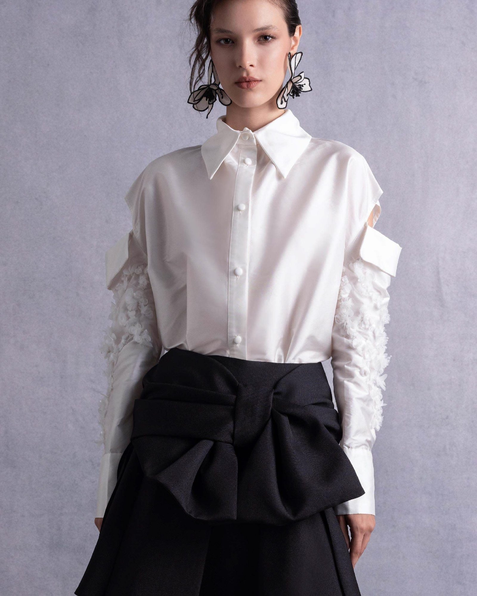 Pearly Embroidered Sleeves Off-White Taffeta Blouse