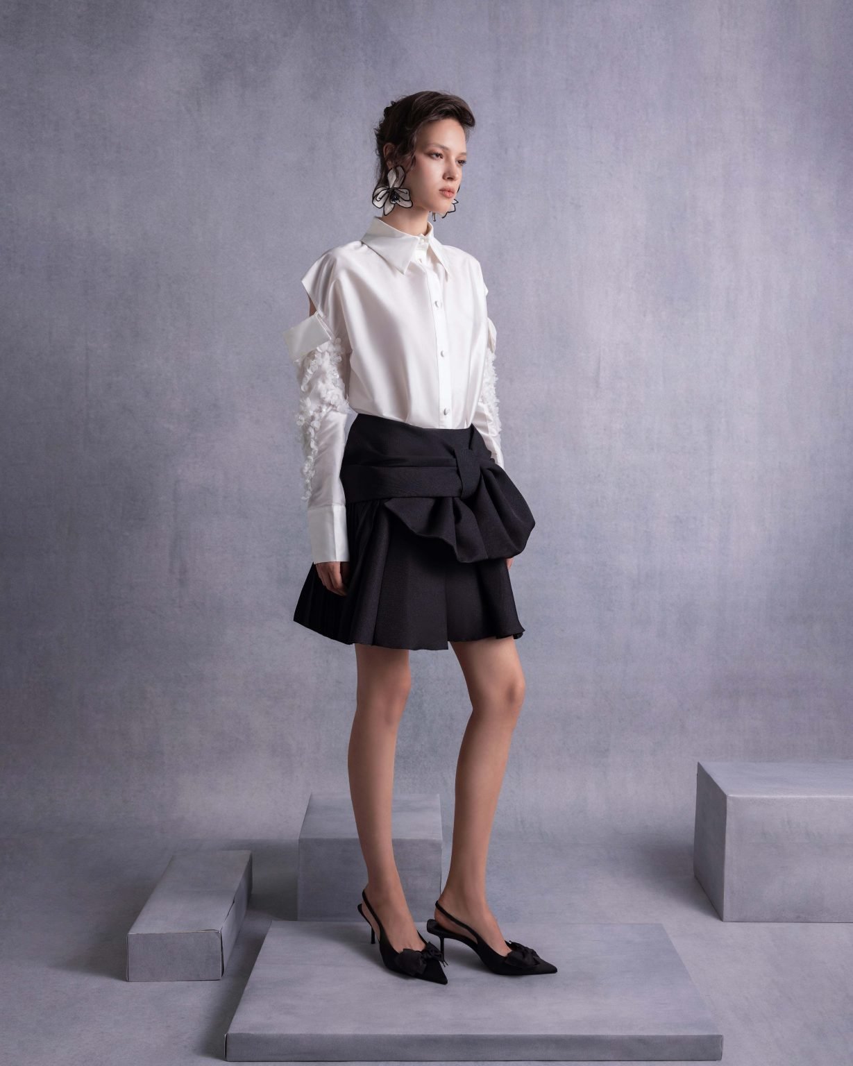 Pearly Embroidered Sleeves Off-White Taffeta Blouse