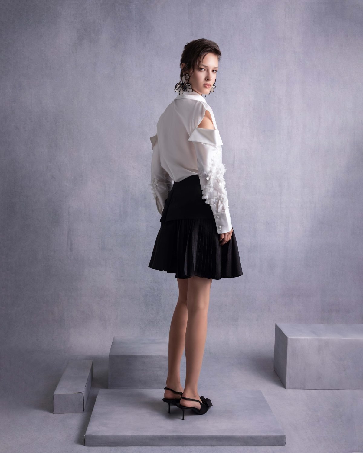 Pearly Embroidered Sleeves Off-White Taffeta Blouse