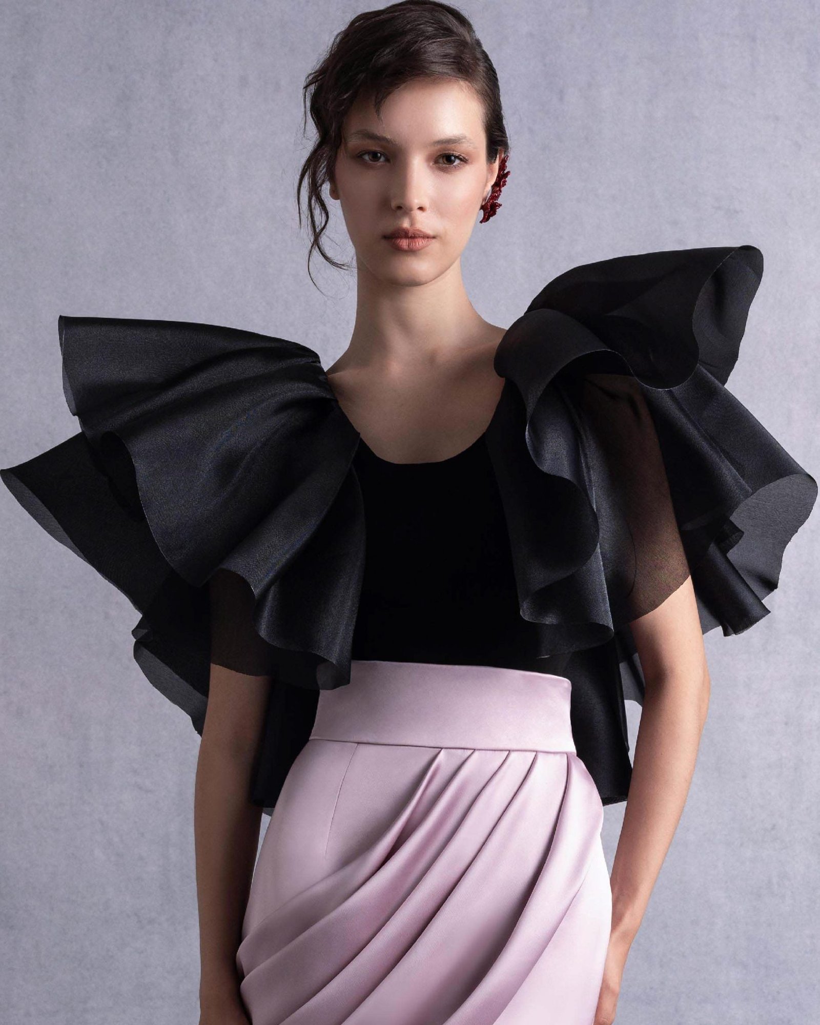 Exaggerated Shoulders Black Layered Organza Ruffle Top