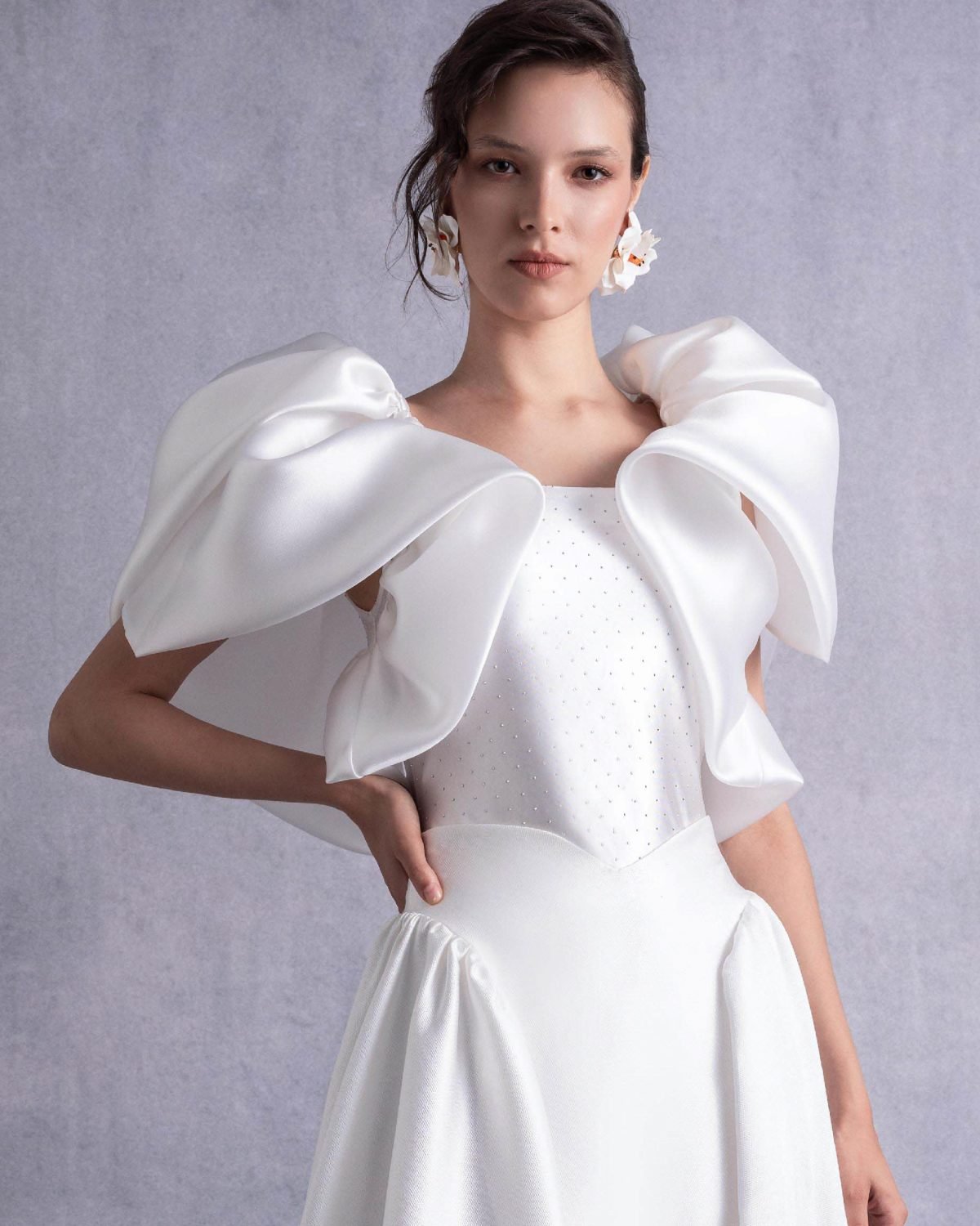 Crystal-Dotted Jersey Body with Petal-like Organza Shoulders
