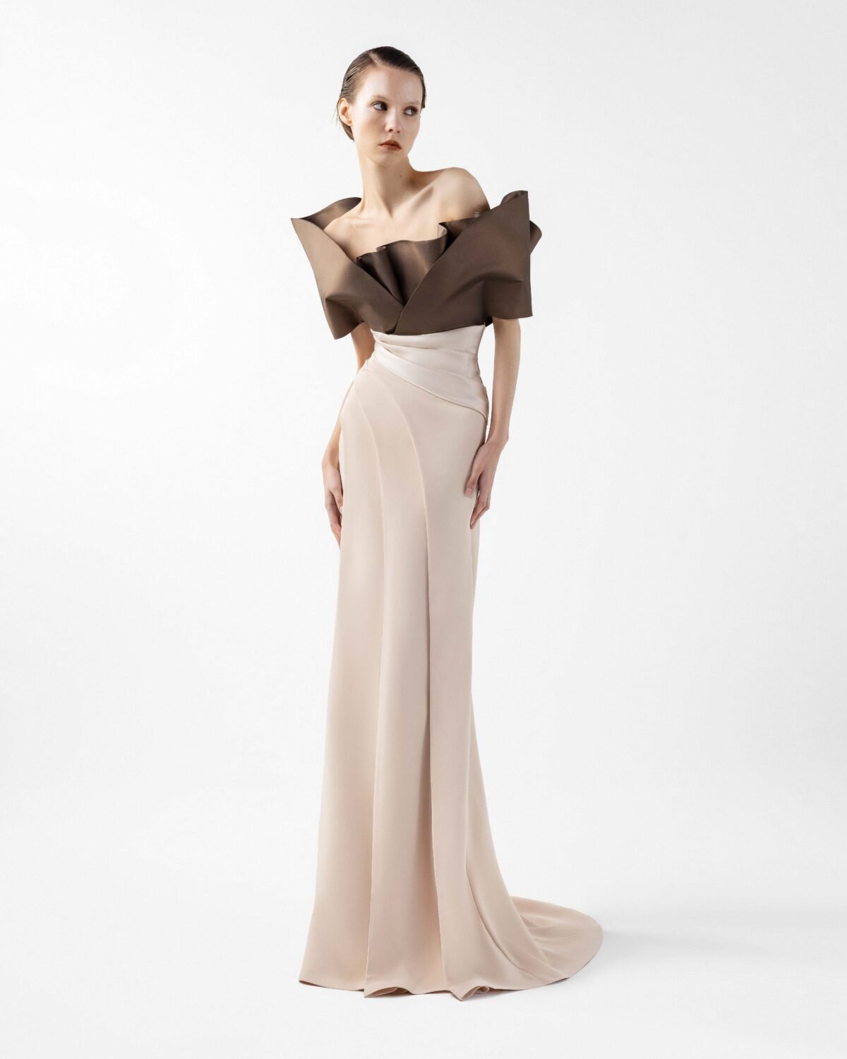 Two-Tone Draped Gown with Sculptural Bodice in Chocolate and Nude