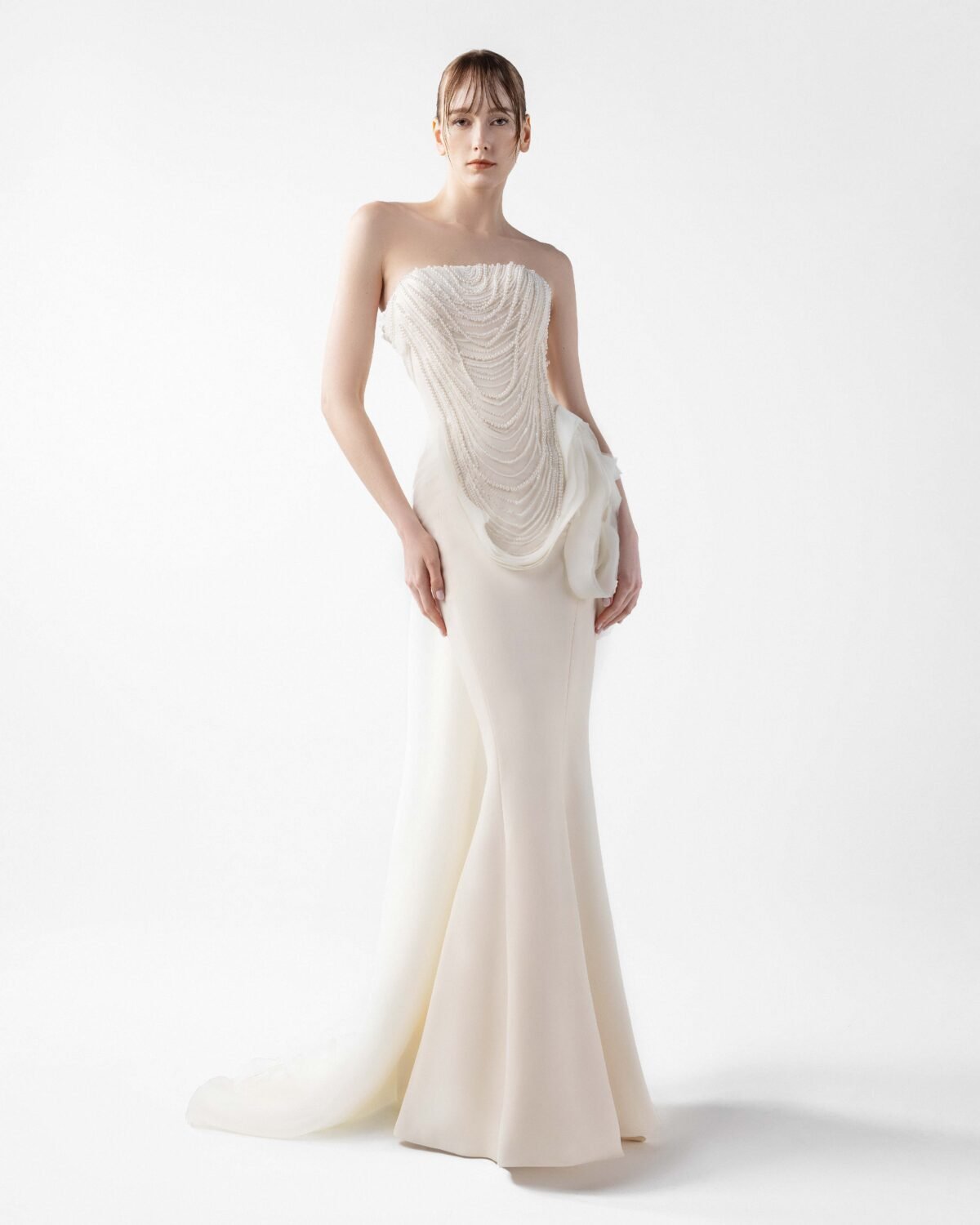 Iridescent Pearl Mermaid Gown with Petal Accents