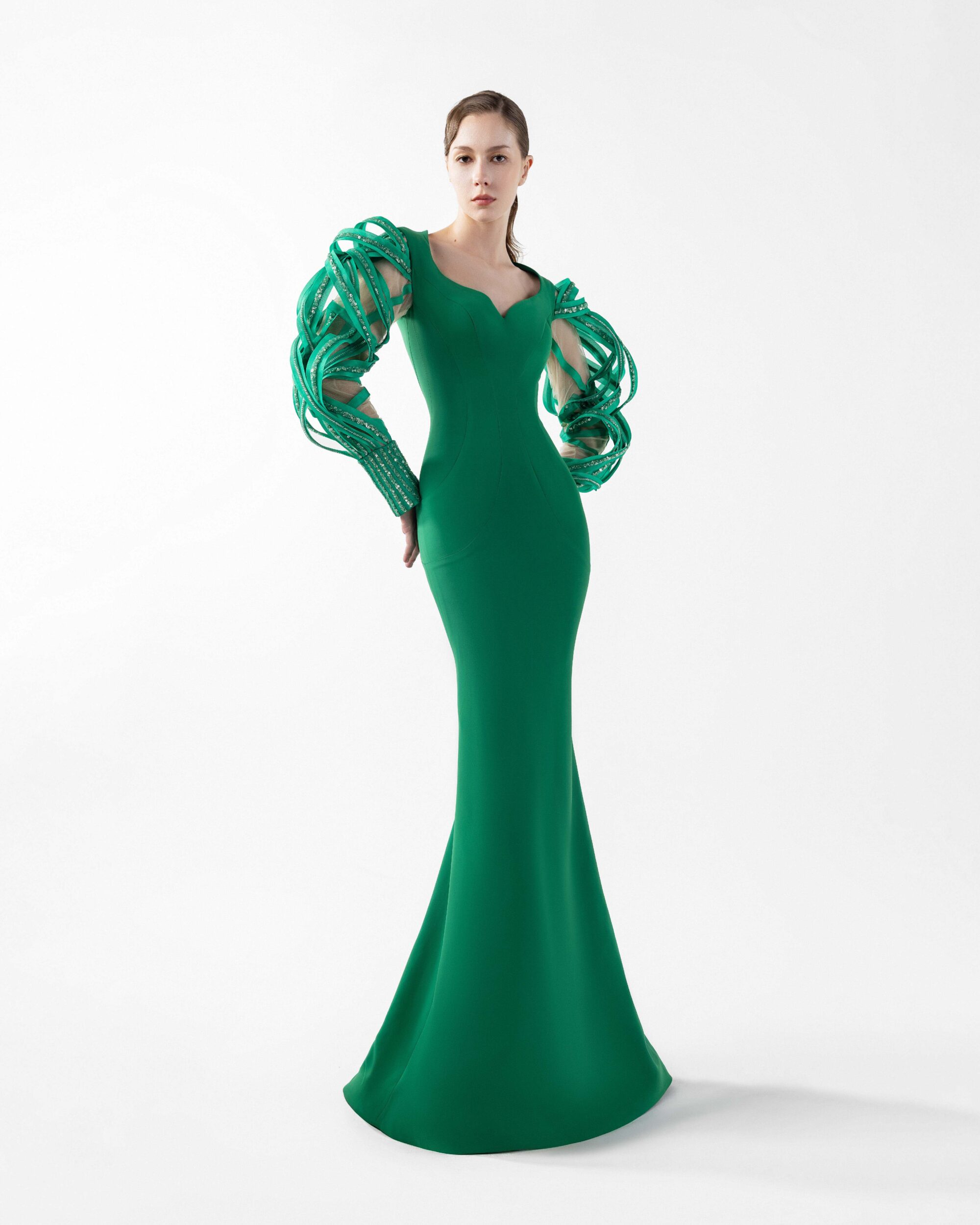 Emerald Dreamweaver Gown With Illusion Sleeves