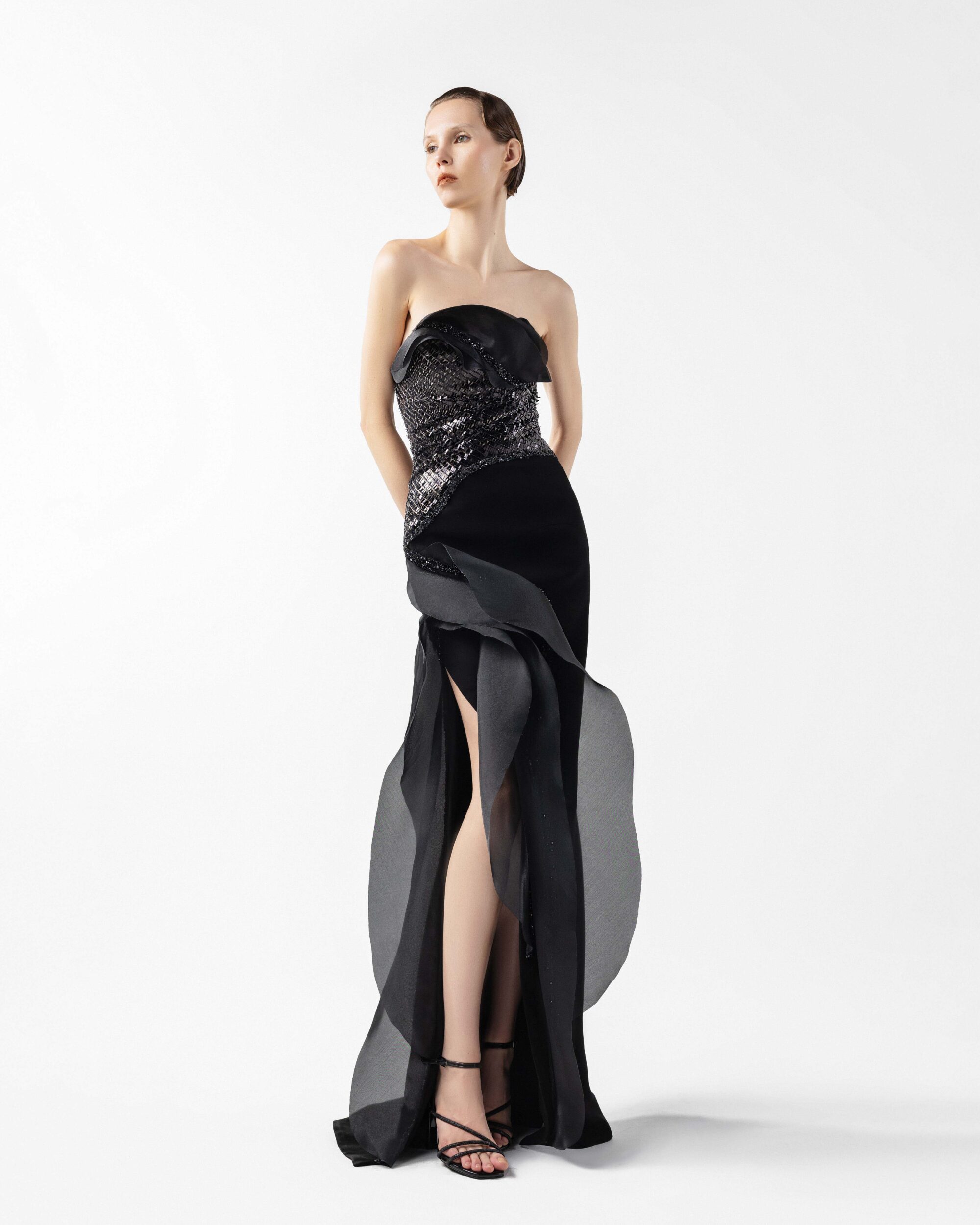 Sculpted Black Mirage Dress with Floating Layers