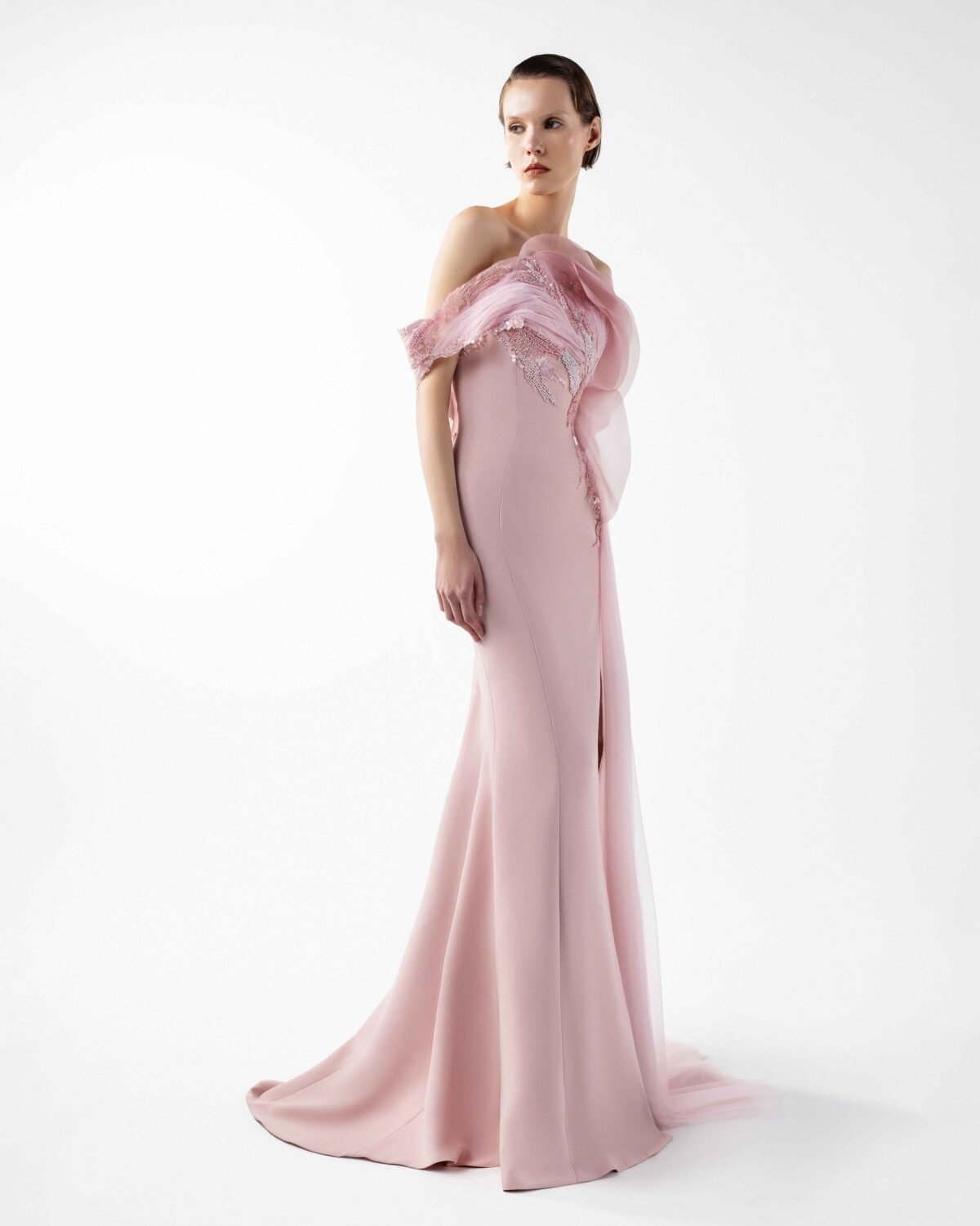Rosé Sculpted Gown with Cascading Organza and Beaded Bloom