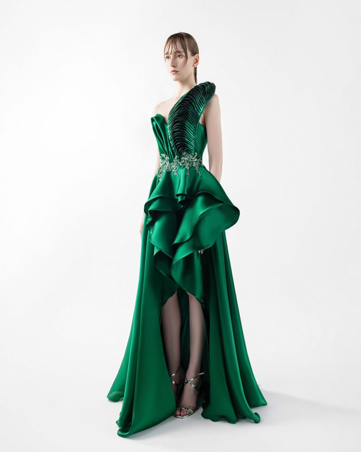 Pleated Metallic One-Shoulder Emerald Green Organza Beaded Gown