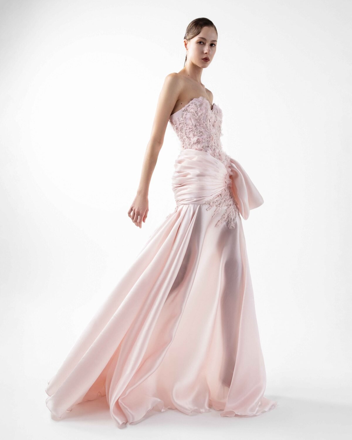 Dreamy Floral Lace,  Embellished Pink Organza Gown