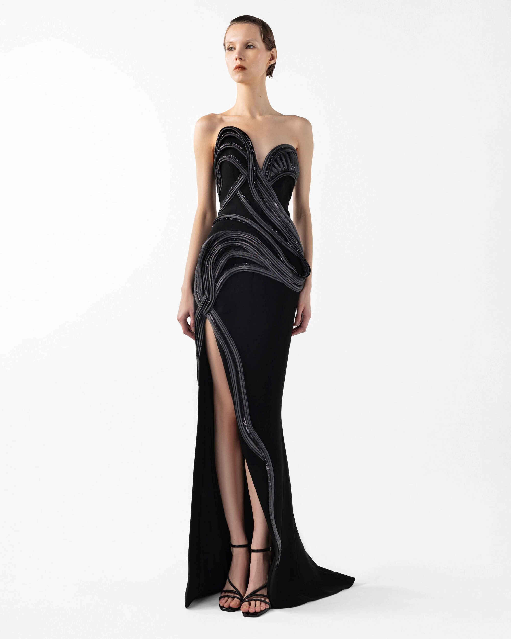 Strapless Asymmetrical Evening Gown with Anthracite Lamé Crystal Accents