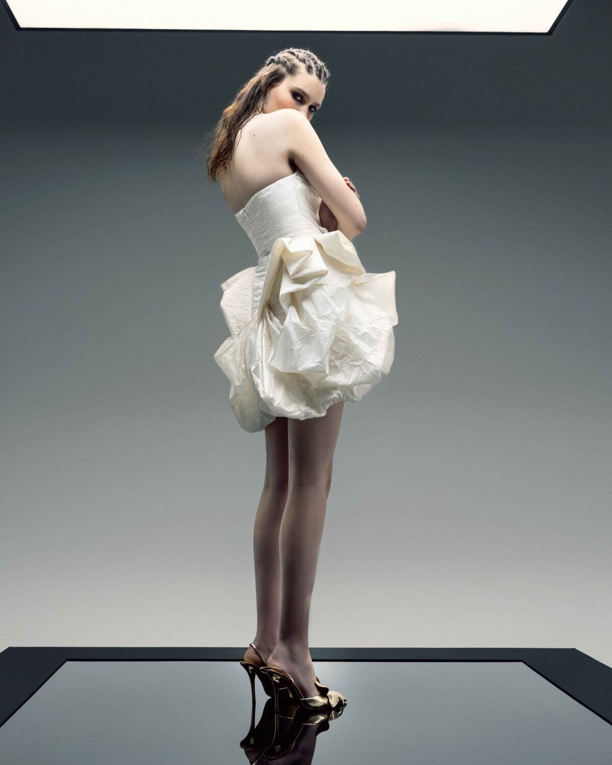 Asymmetric Off-White Taffeta Mini Dress