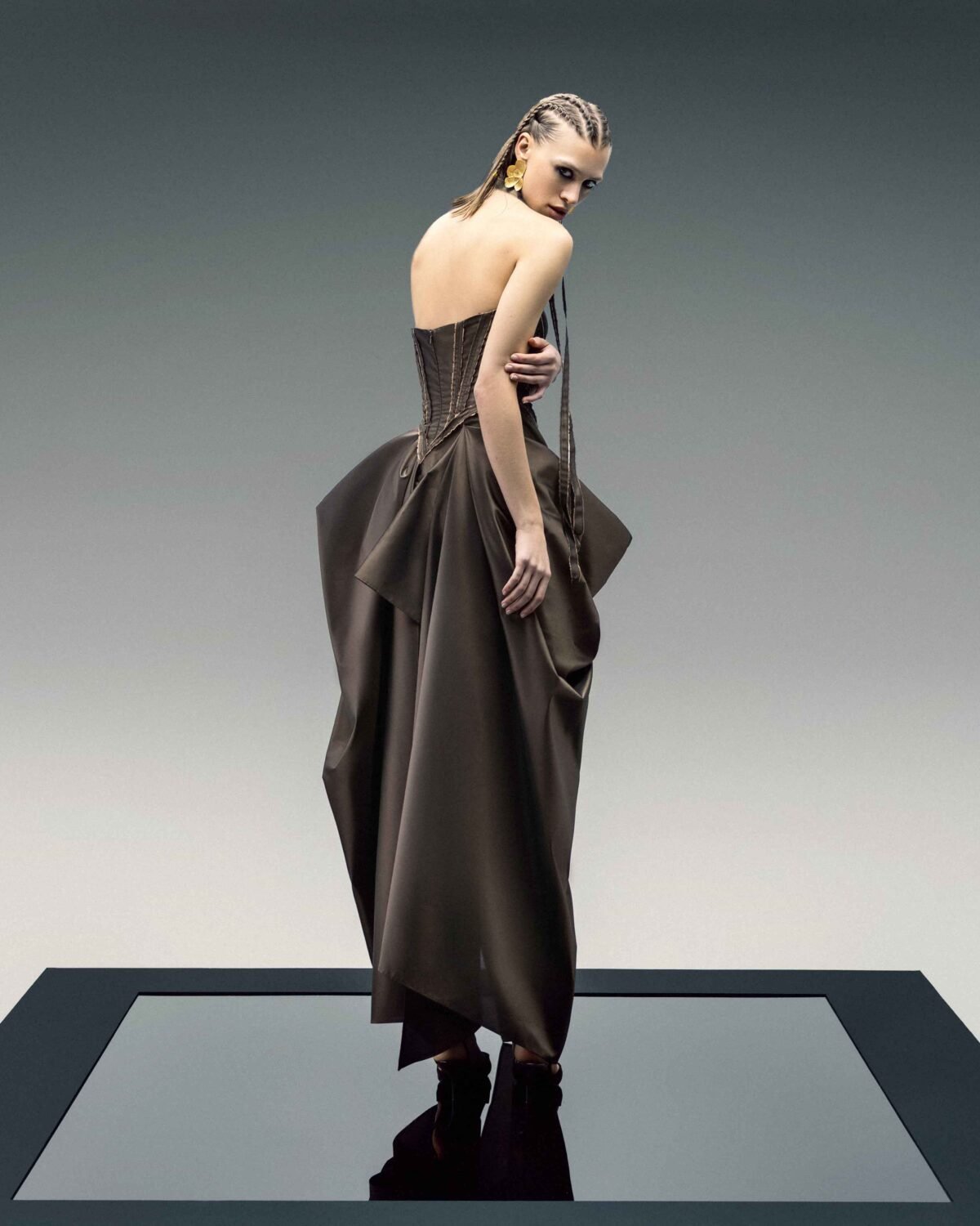 Brown Taffeta Corset Dress with Asymmetrical Hem