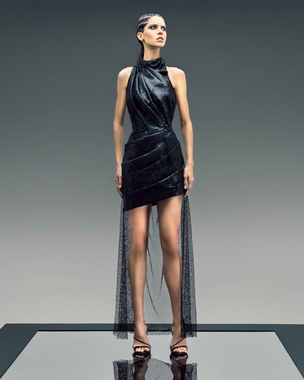 Halter Neck Mesh and Sequins Dress