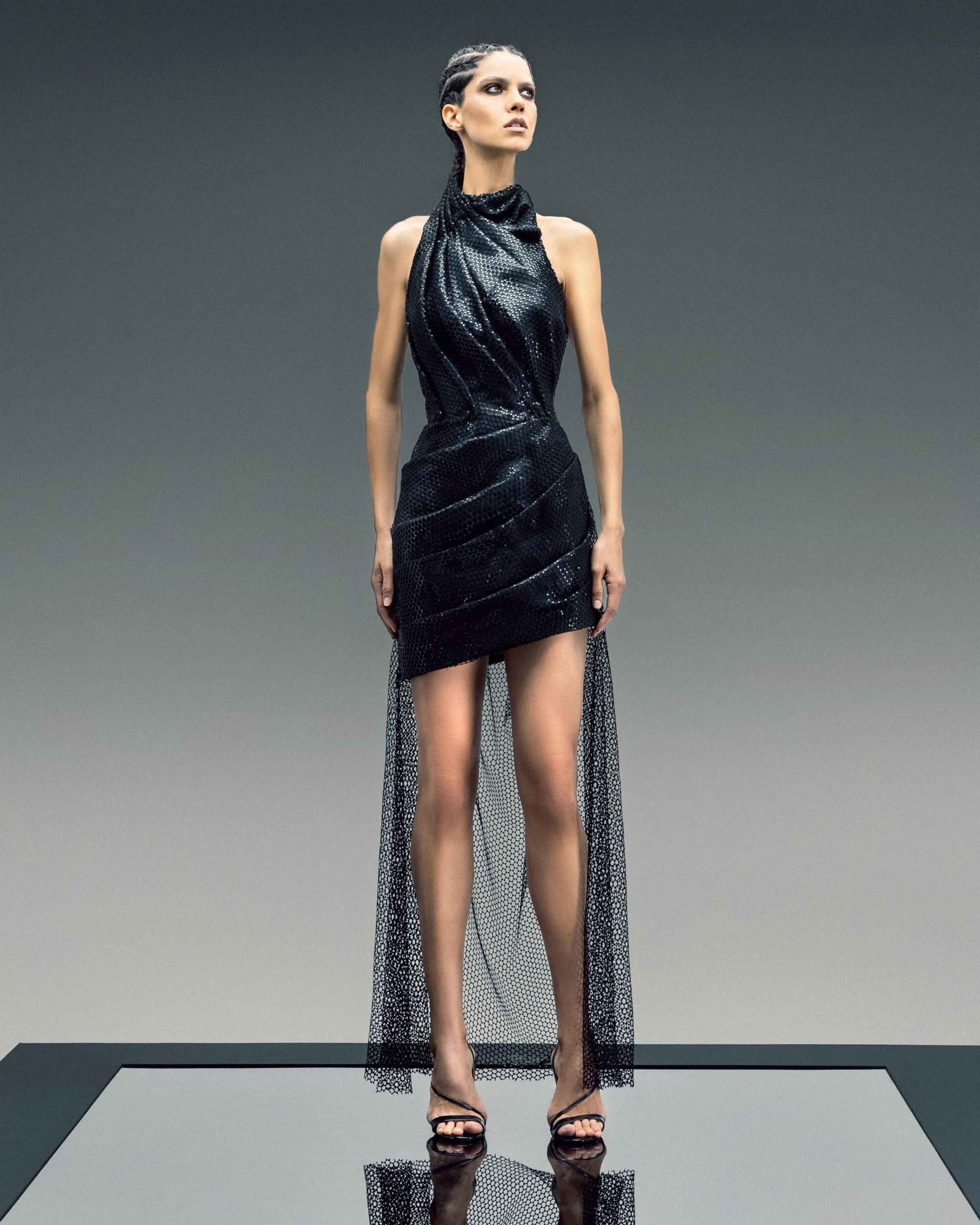 Halter Neck Mesh and Sequins Dress