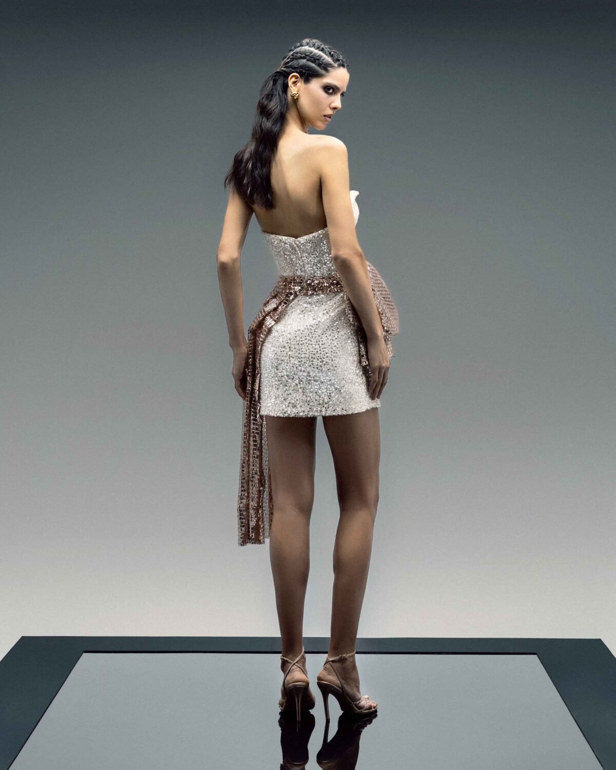 Gold Draped Sequin Mini Dress